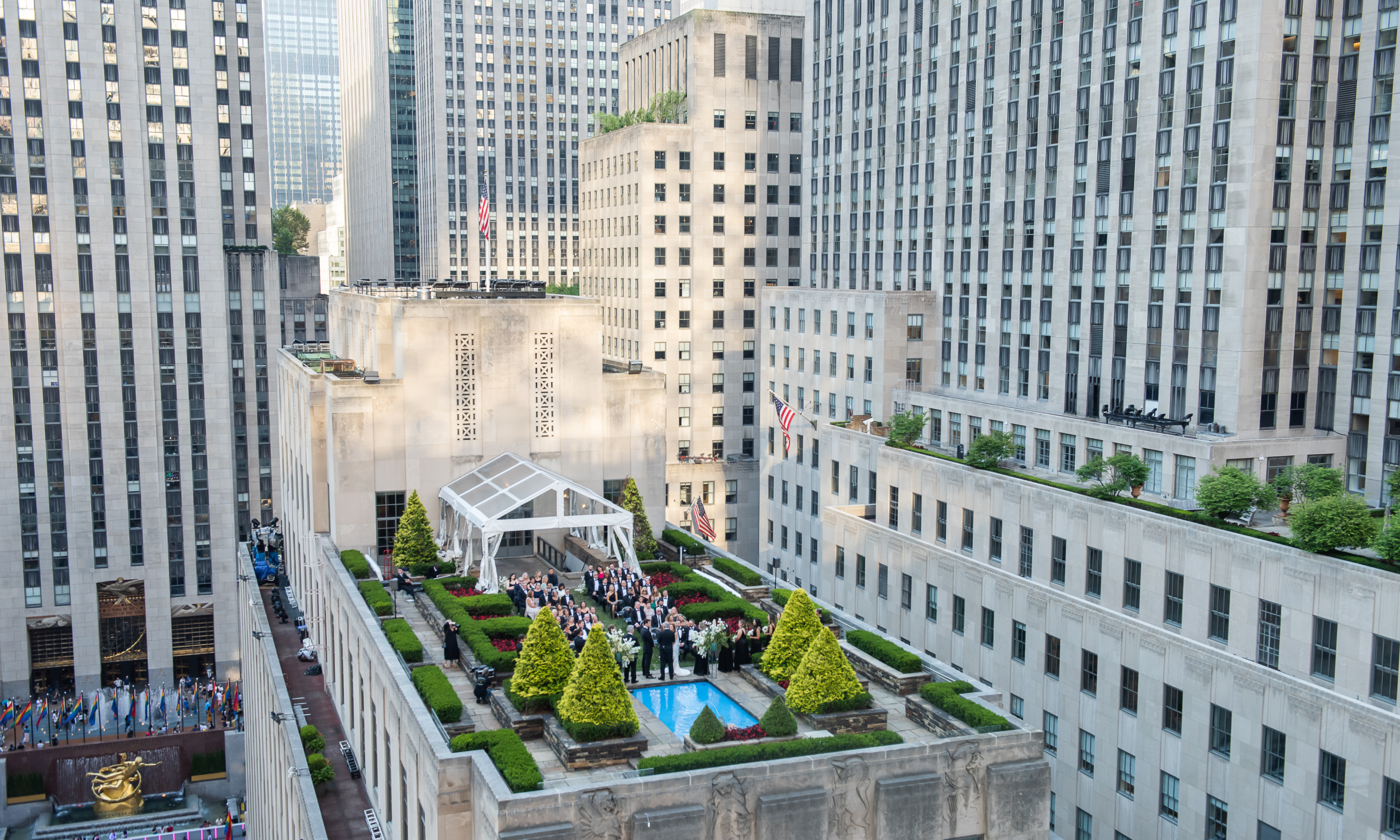 Aerial view of people attending a wedding at 620 Loft & Garden