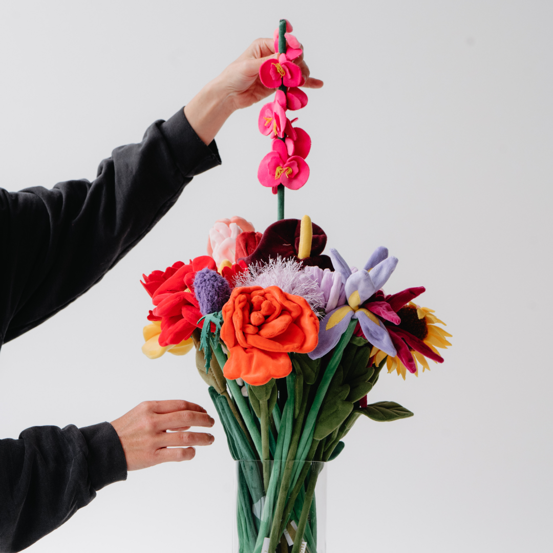 Cj Hendry creating a bouquet of plush flowers