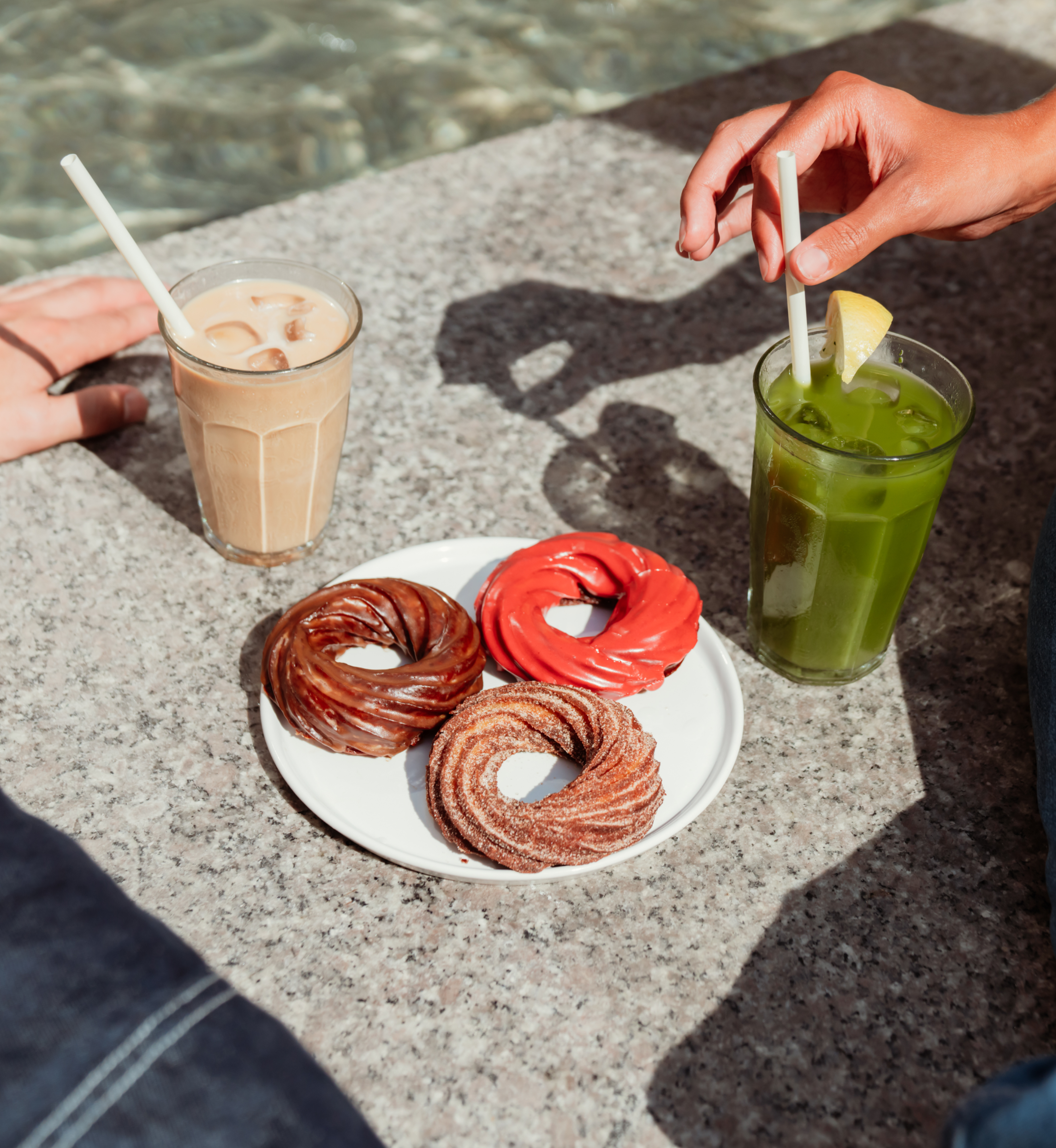 Various drinks and crullers from Daily Provisions at Rockefeller Center