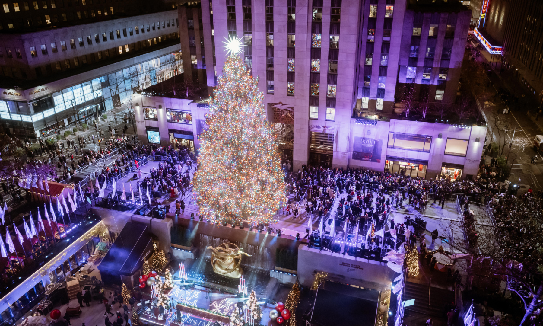 An aerial view of the 2024 Rockefeller Center Christmas Tree Lighting Ceremony