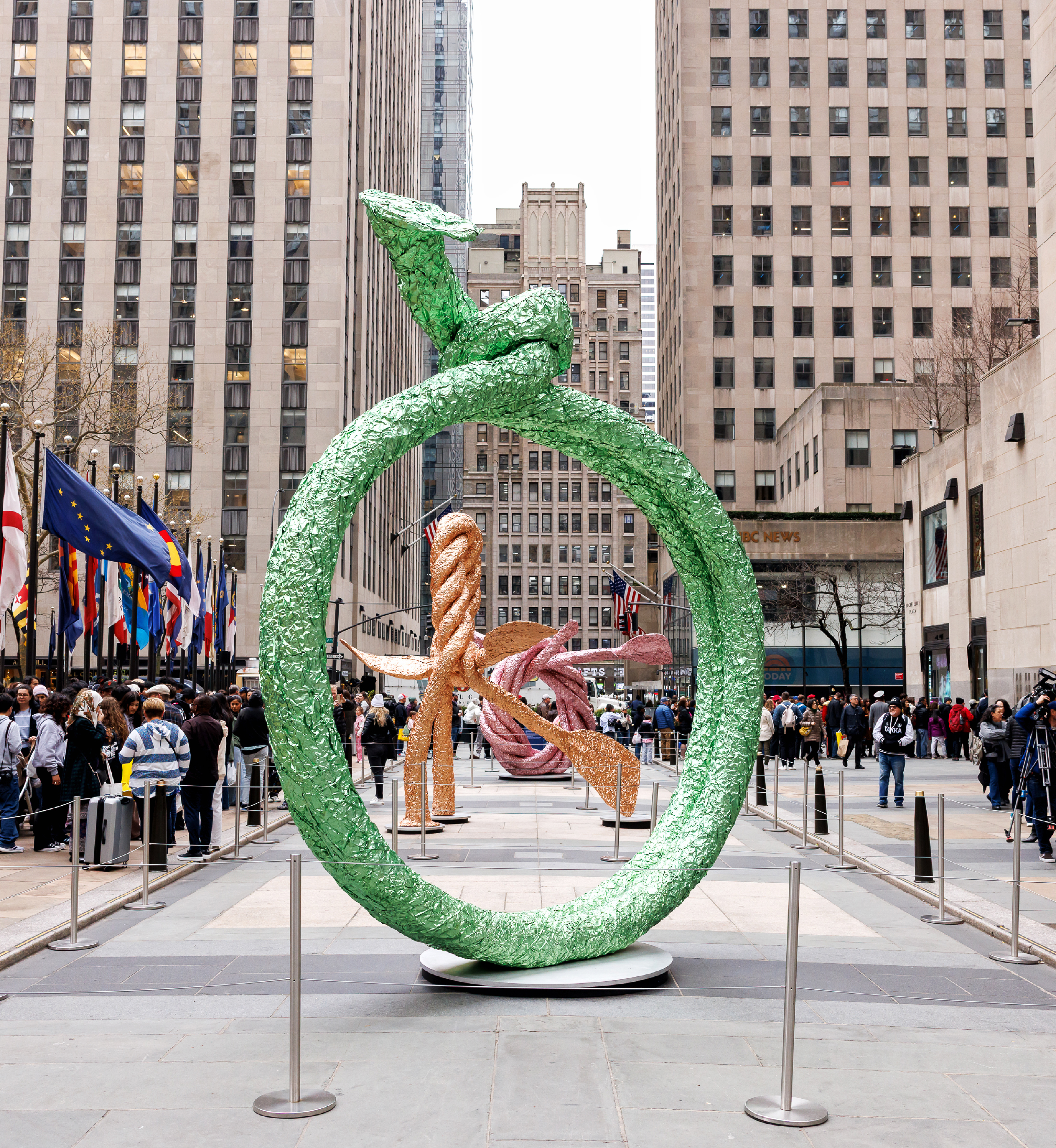 Three sculptures by artist John Chamberlain on view on Center Plaza at Rockefeller Center