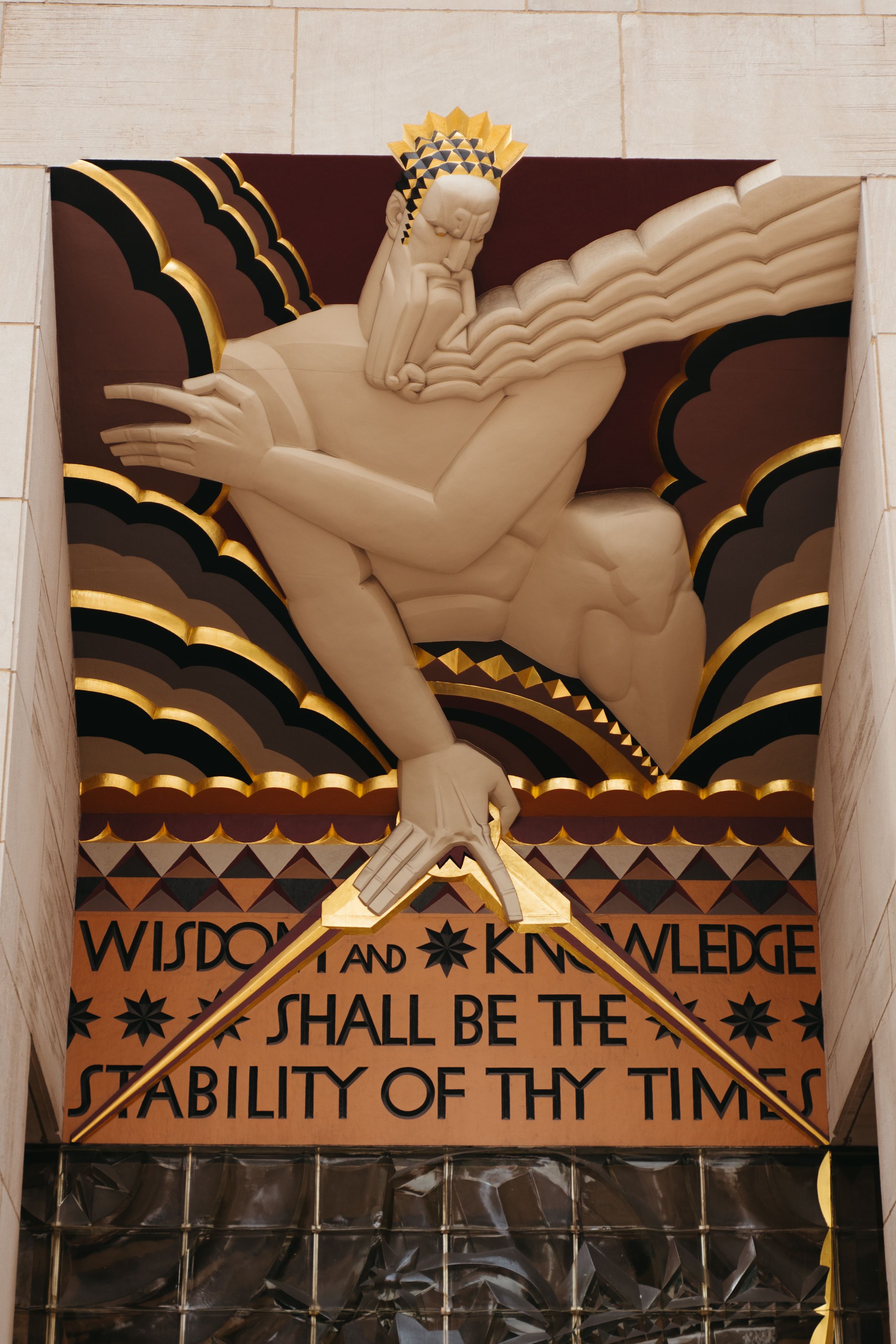 Wisdom sculpture by Lee Lawrie above the main entrance to 30 Rockefeller Plaza.