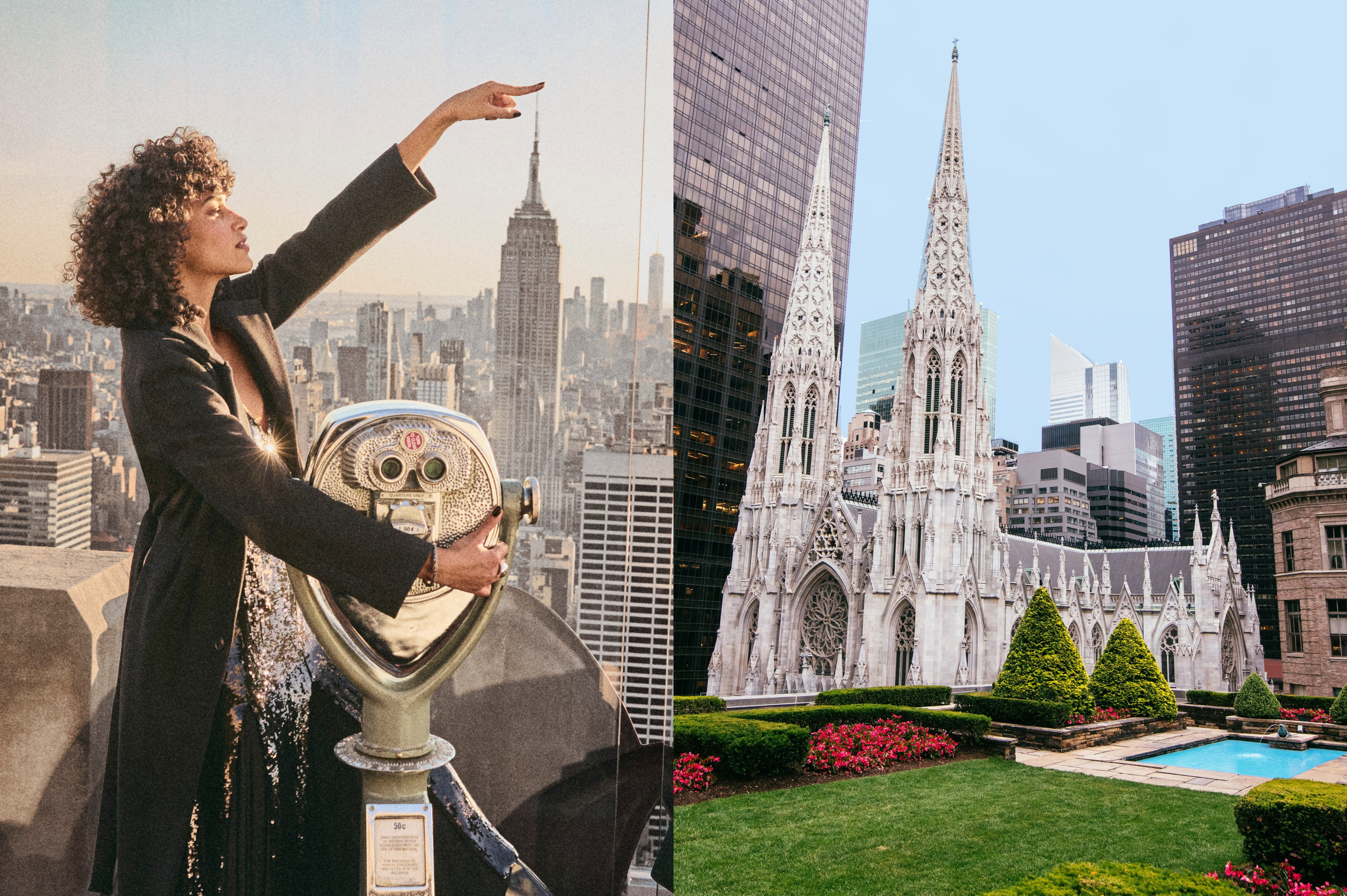 a woman pointing at the new york city skyline and a hidden rooftop garden above the city