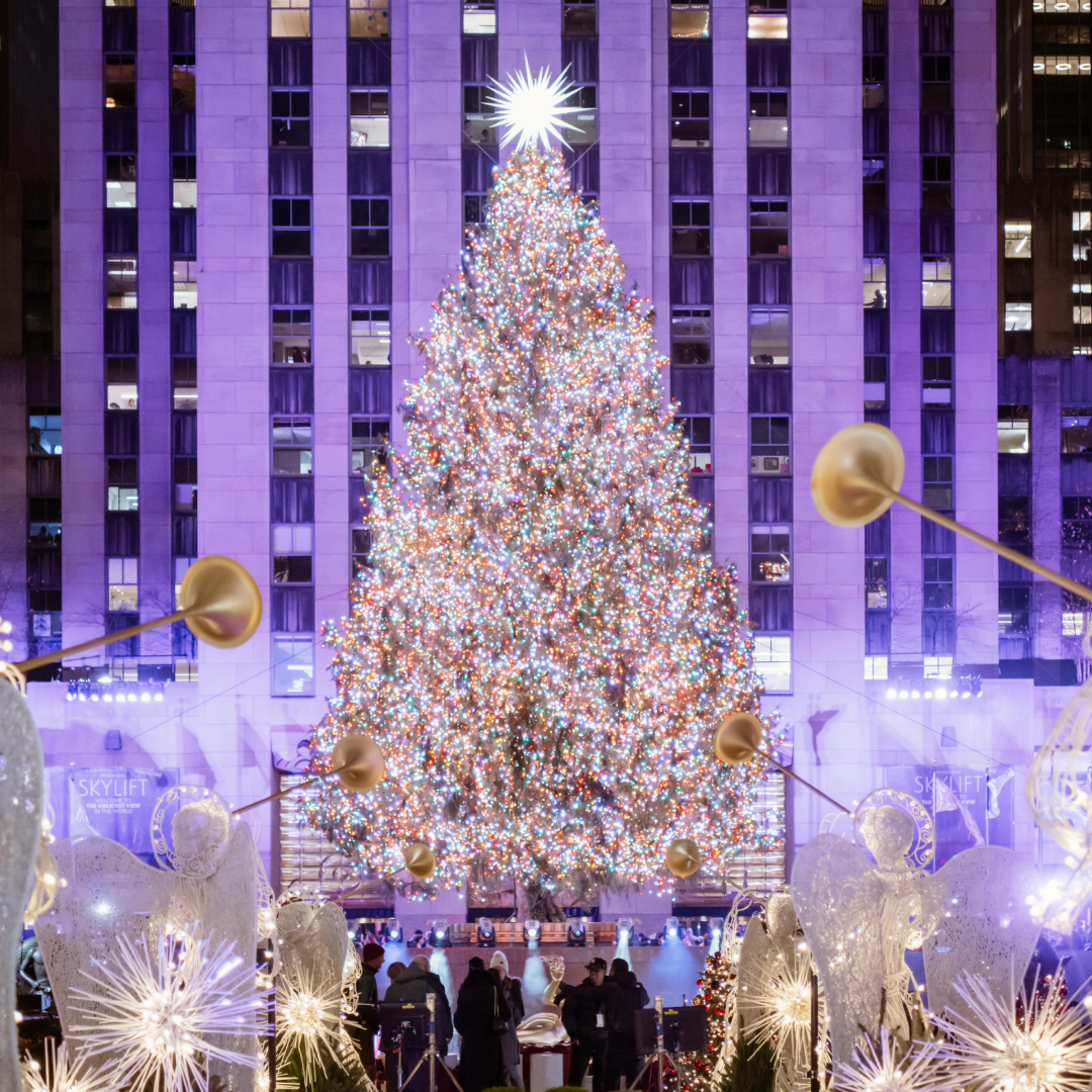 The 2024 Rockefeller Center Christmas Tree lit up at night