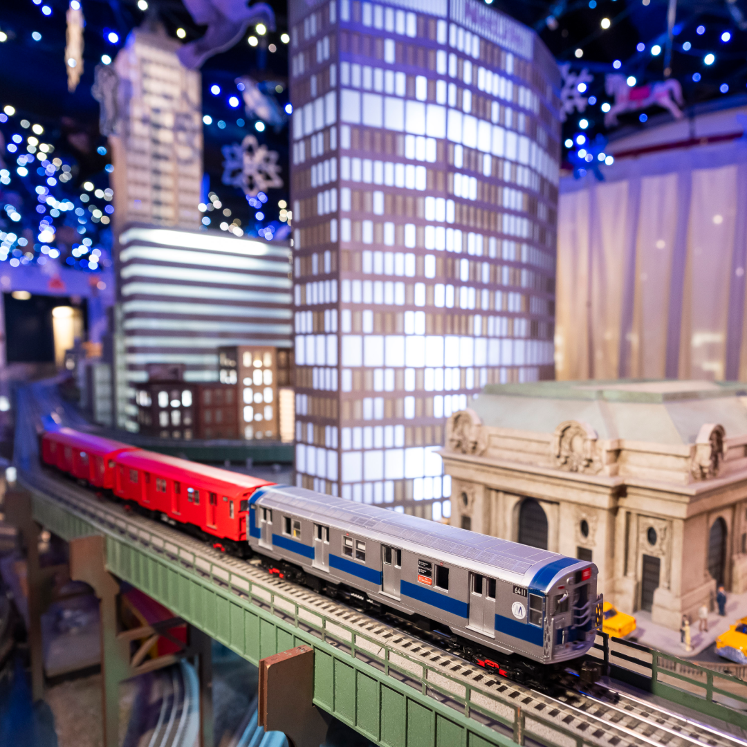 A closeup of the holiday train display at the New York Transit Museum