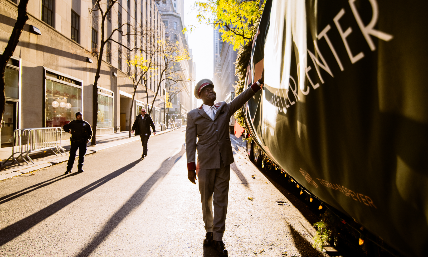 Correll Jones, mayor of Rockefeller Center, stands next to the 2024 Rockefeller Center Christmas Tree