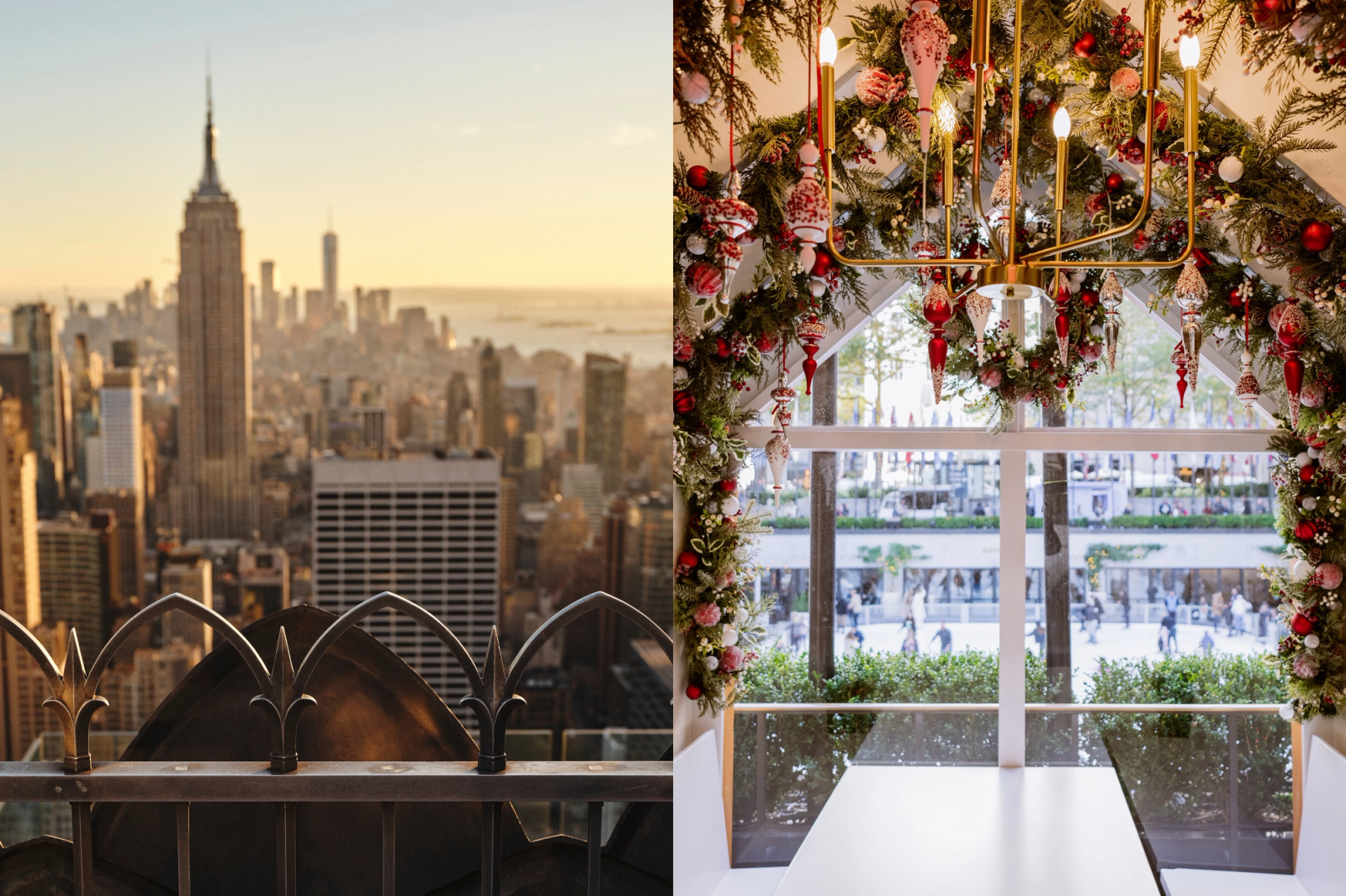 Spit image showing iconic Top of the Rock views and rink-side chalet cabins decorated for the holidays