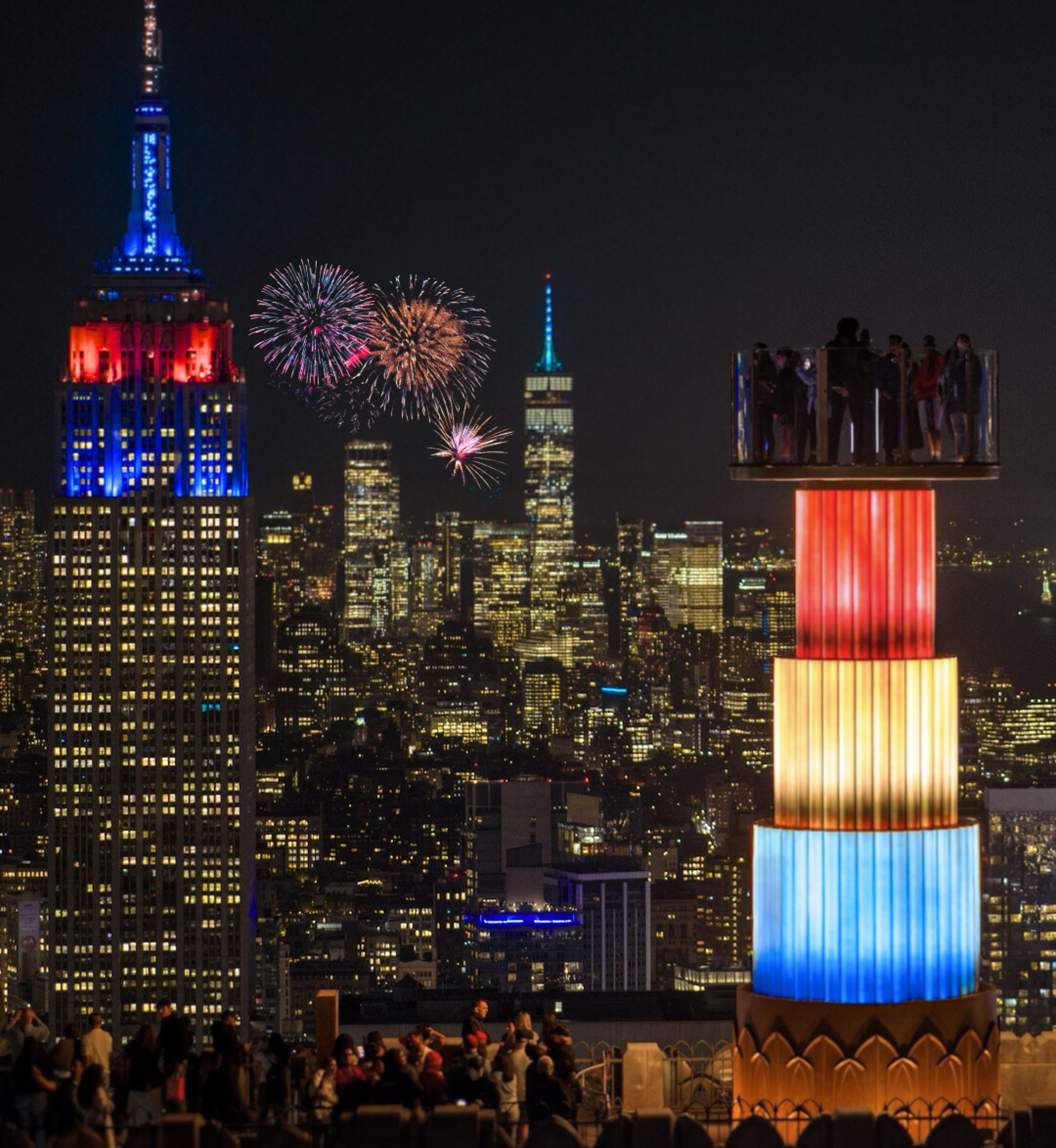 A rendering of a large group of people watching Fourth of July fireworks at Top of the Rock