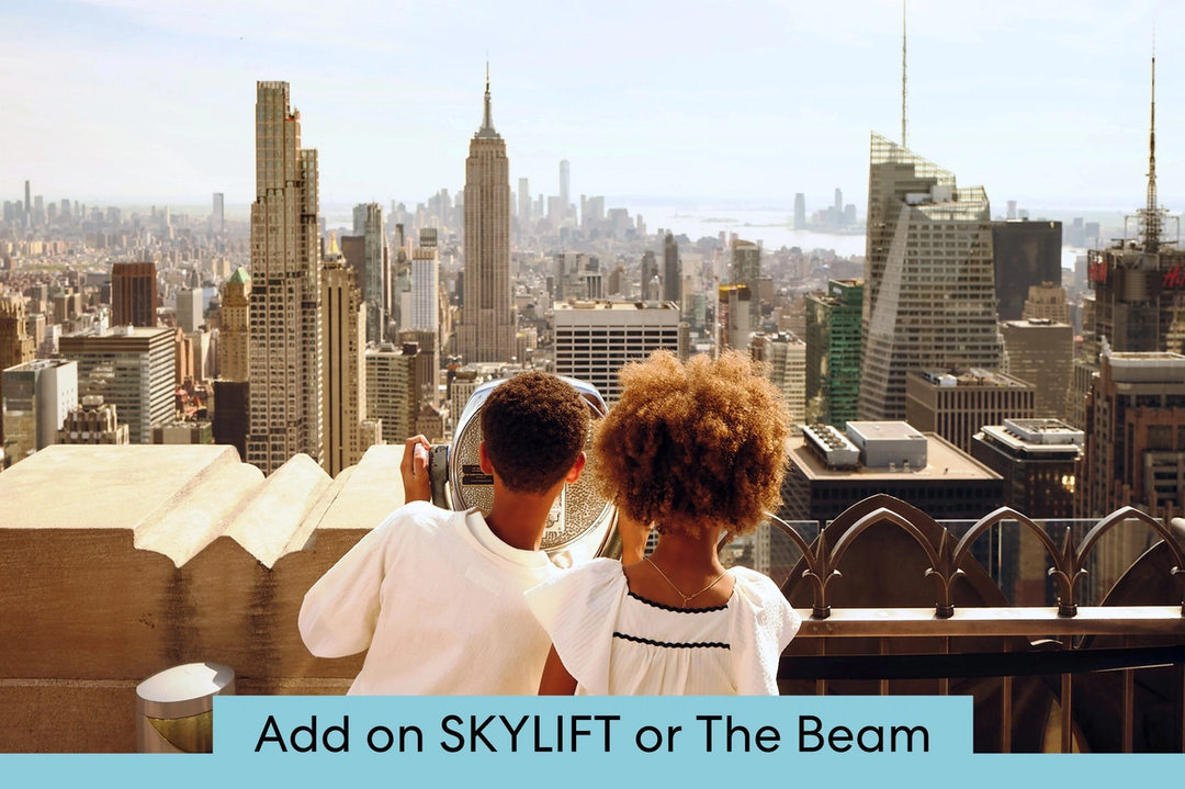 Two kids looking at the skyscrapers of Manhattan.