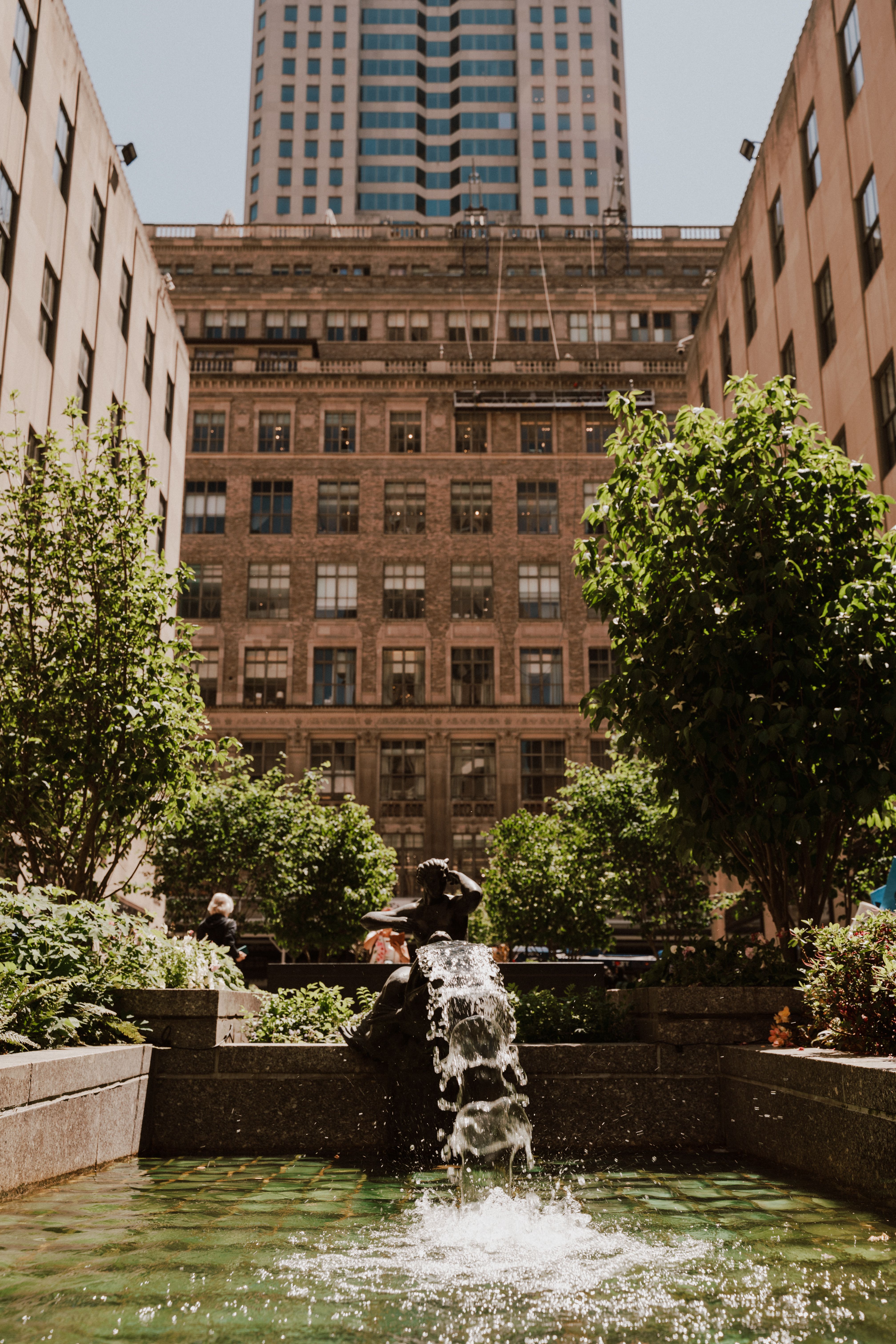 Fountainhead Figures sculptures by Rene Paul Chambellan on display at the east ends of the Six Pools in the Channel Gardens.