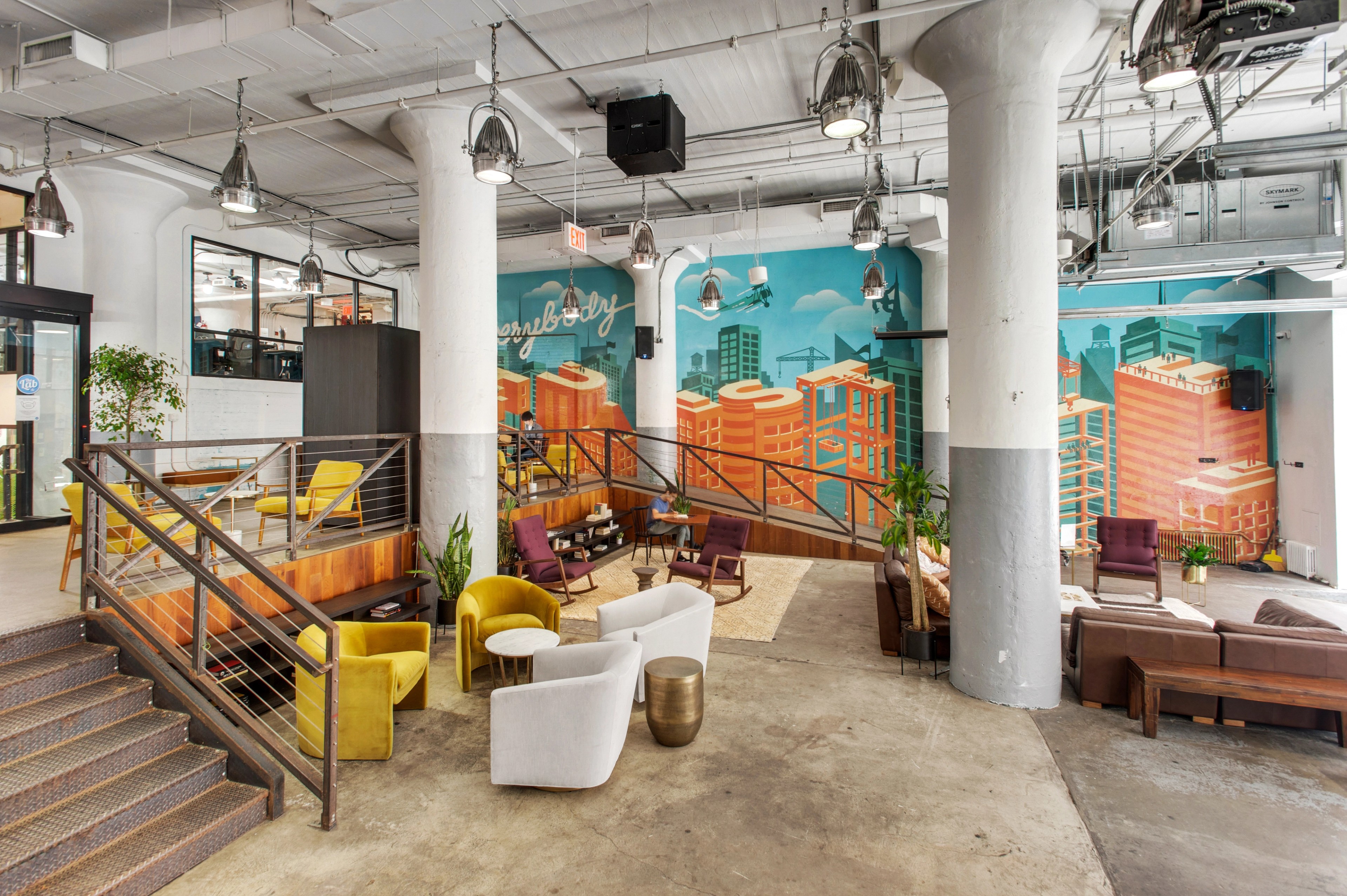 Studio lobby and communal lounge at 175 Varick