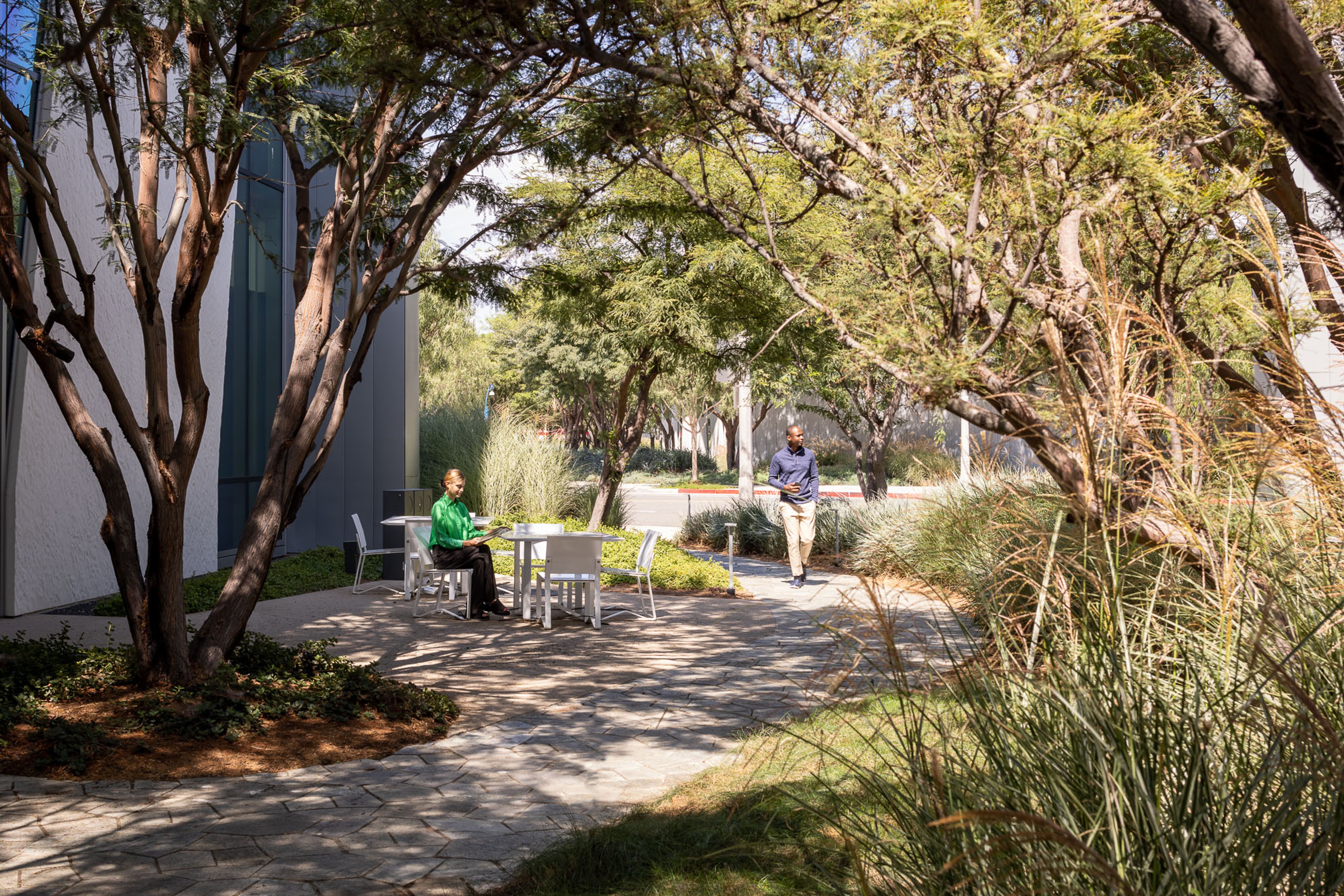 Exterior view of person sitting outside under trees in front of building