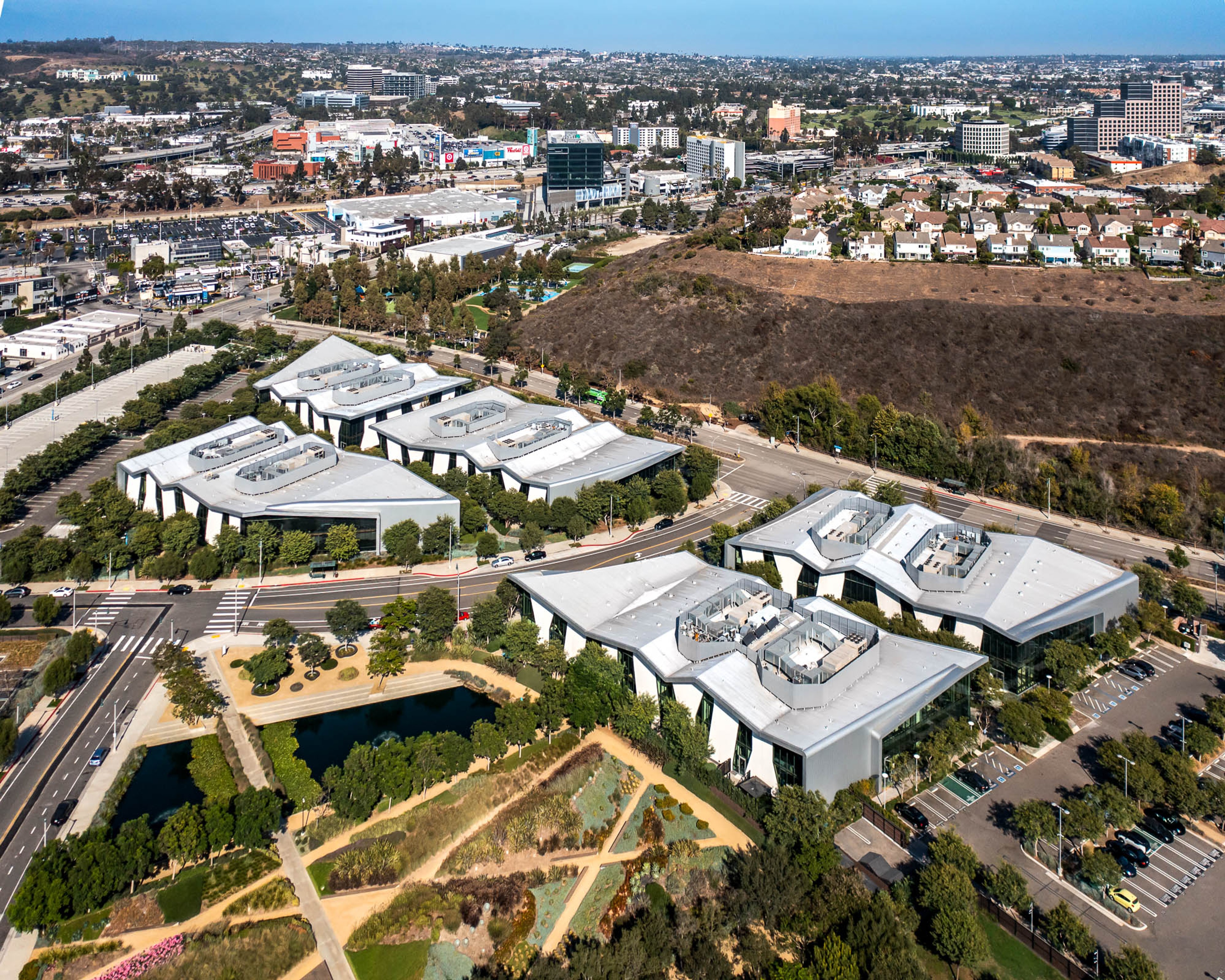 Exterior arial view of the 5-building Collective