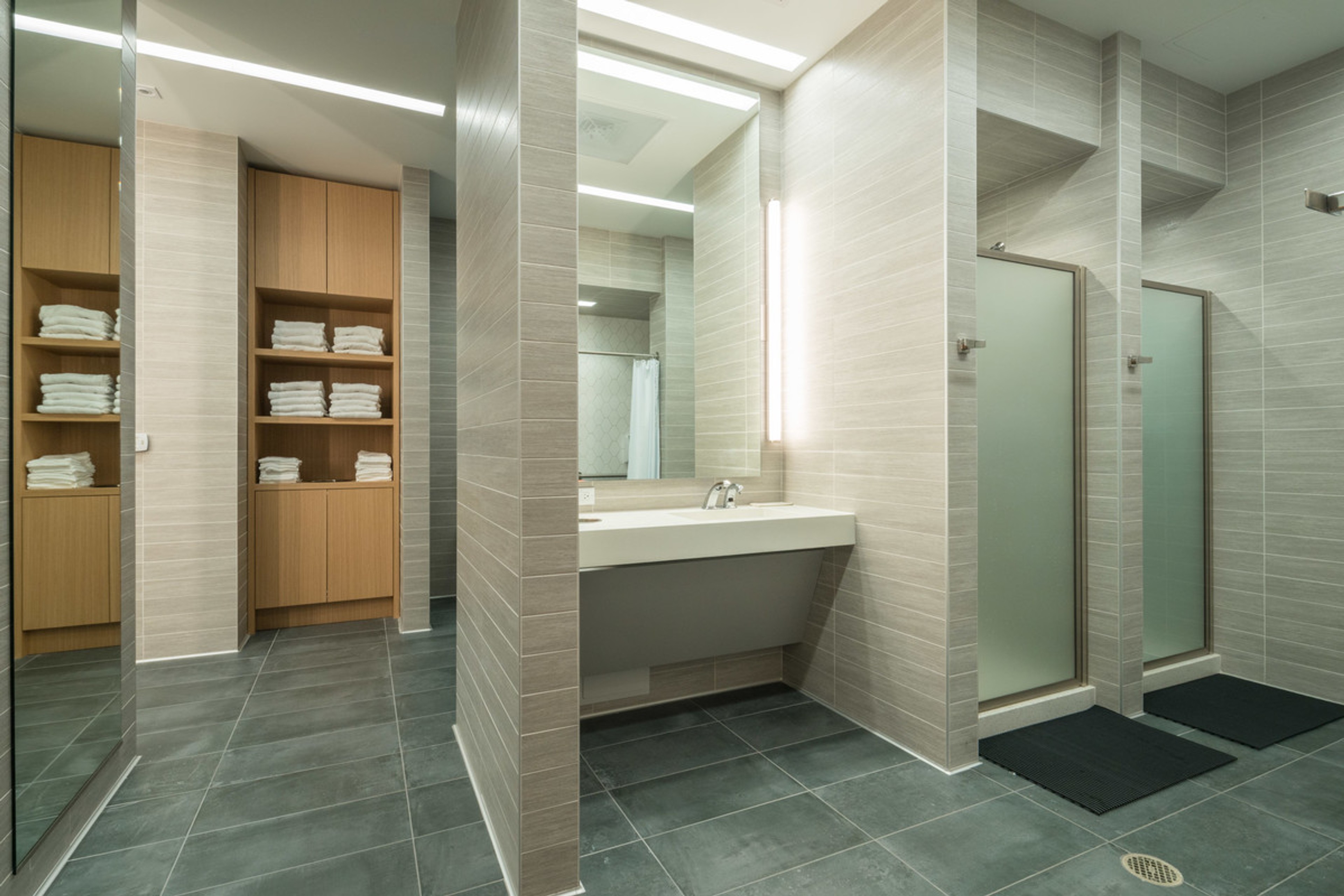 Interior view of 333 Bush locker room with showers