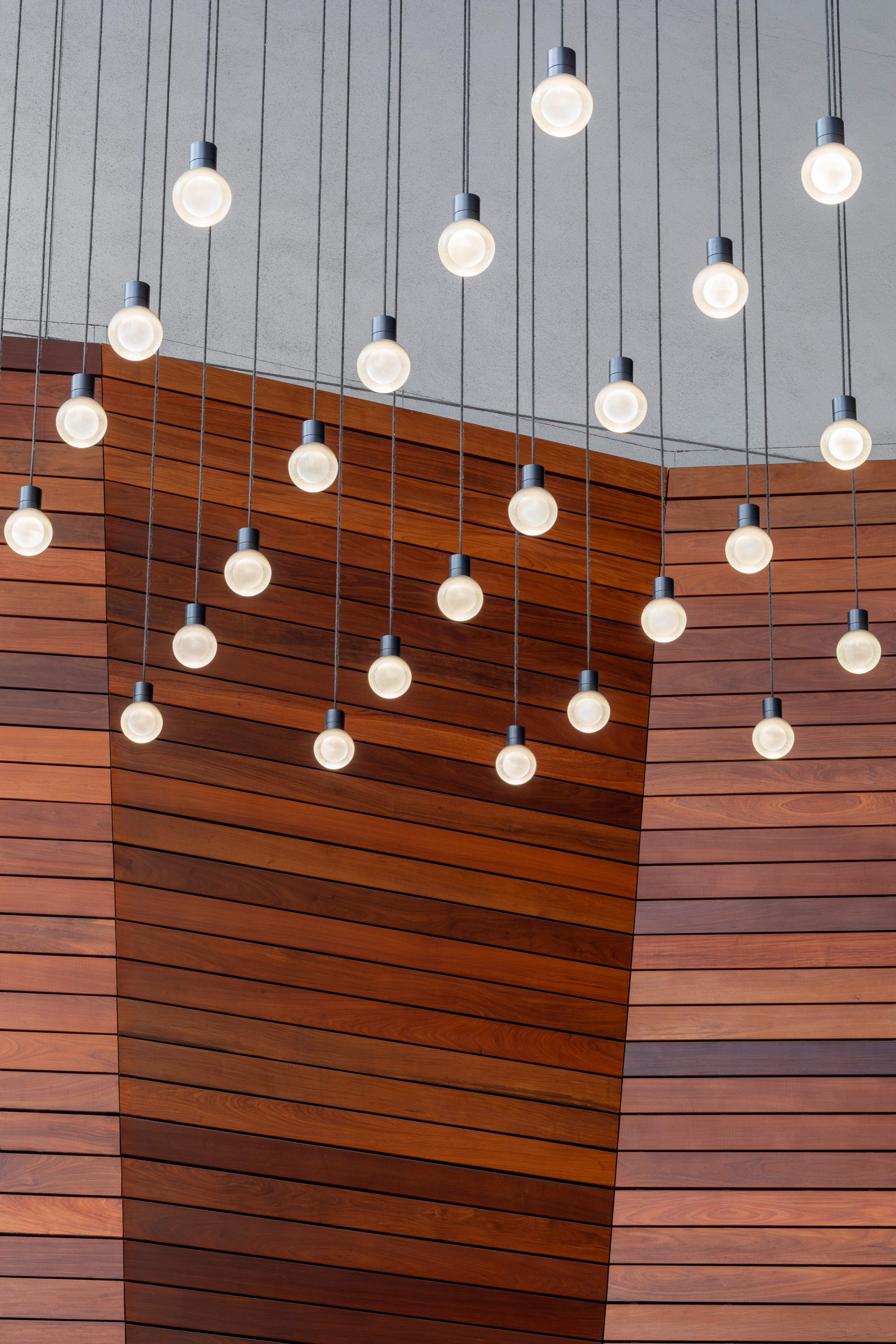 Wooden accent wall with hanging lights in front