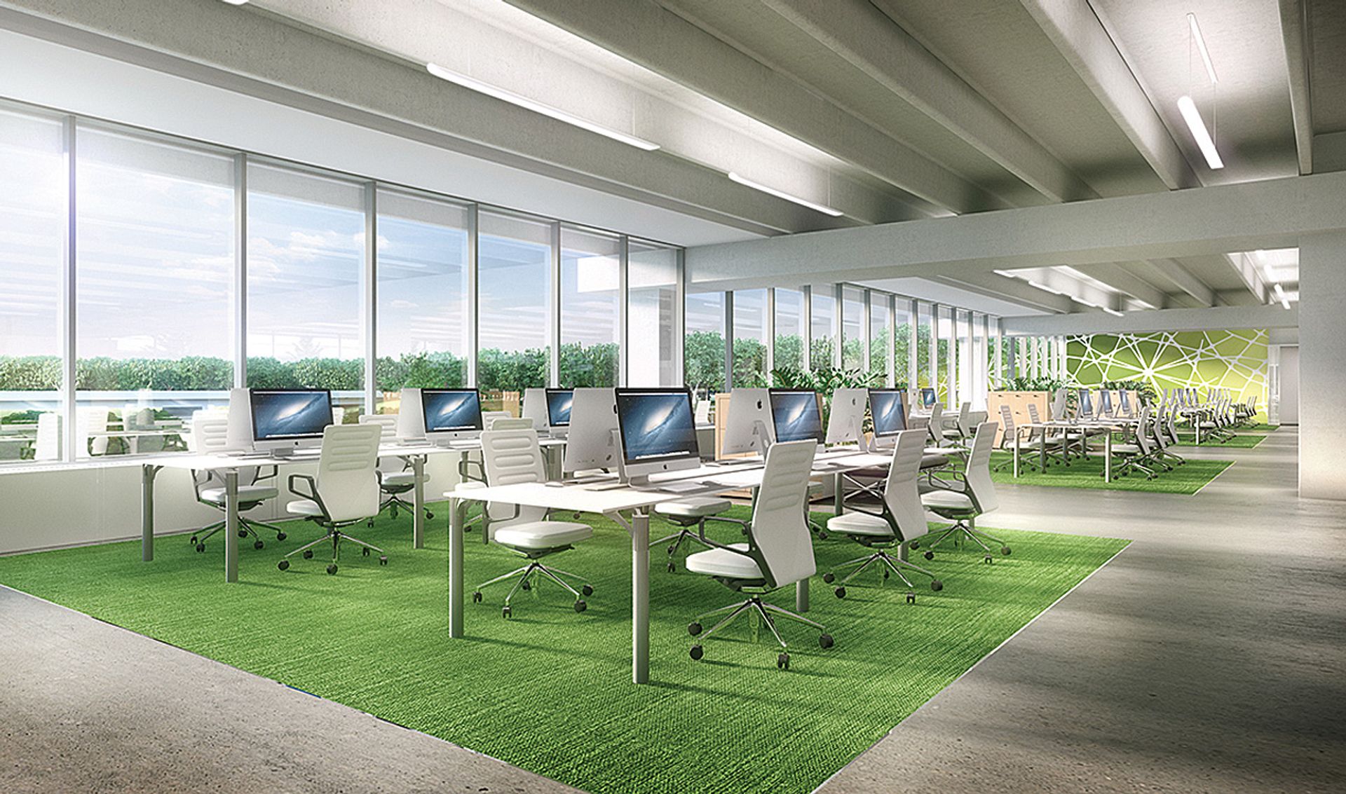 rendering of an office workspace at the Greenwich American Center. 