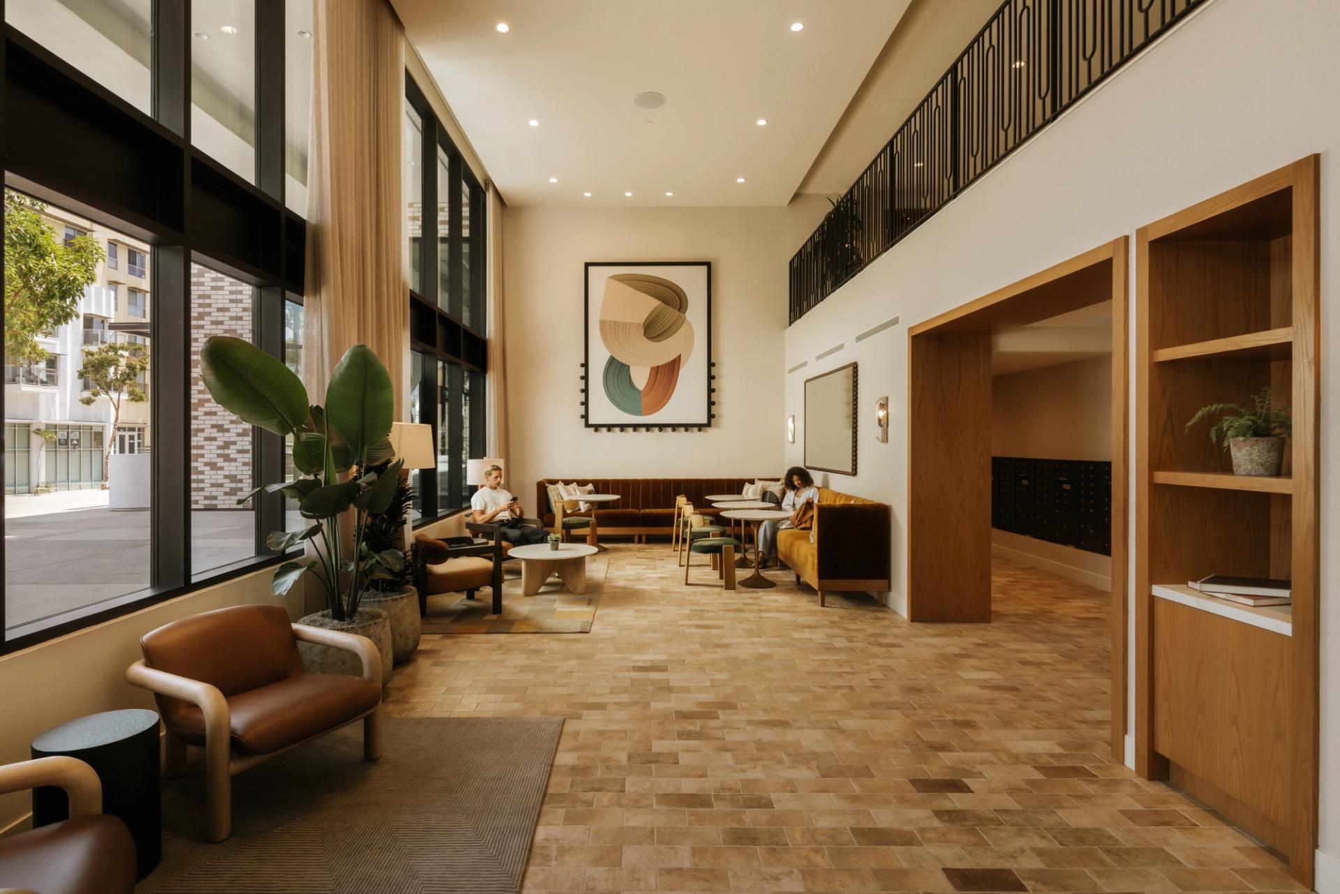 The double-height lobby lounge at 1430 Lincoln is a showstopper