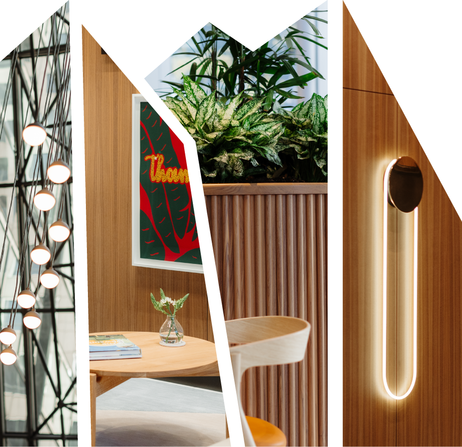 Collage of modern interior design details at 525 West Monroe, featuring a hanging light fixture, framed artwork, indoor plants in a wooden planter, and a sleek wall light with a vertical glow.
