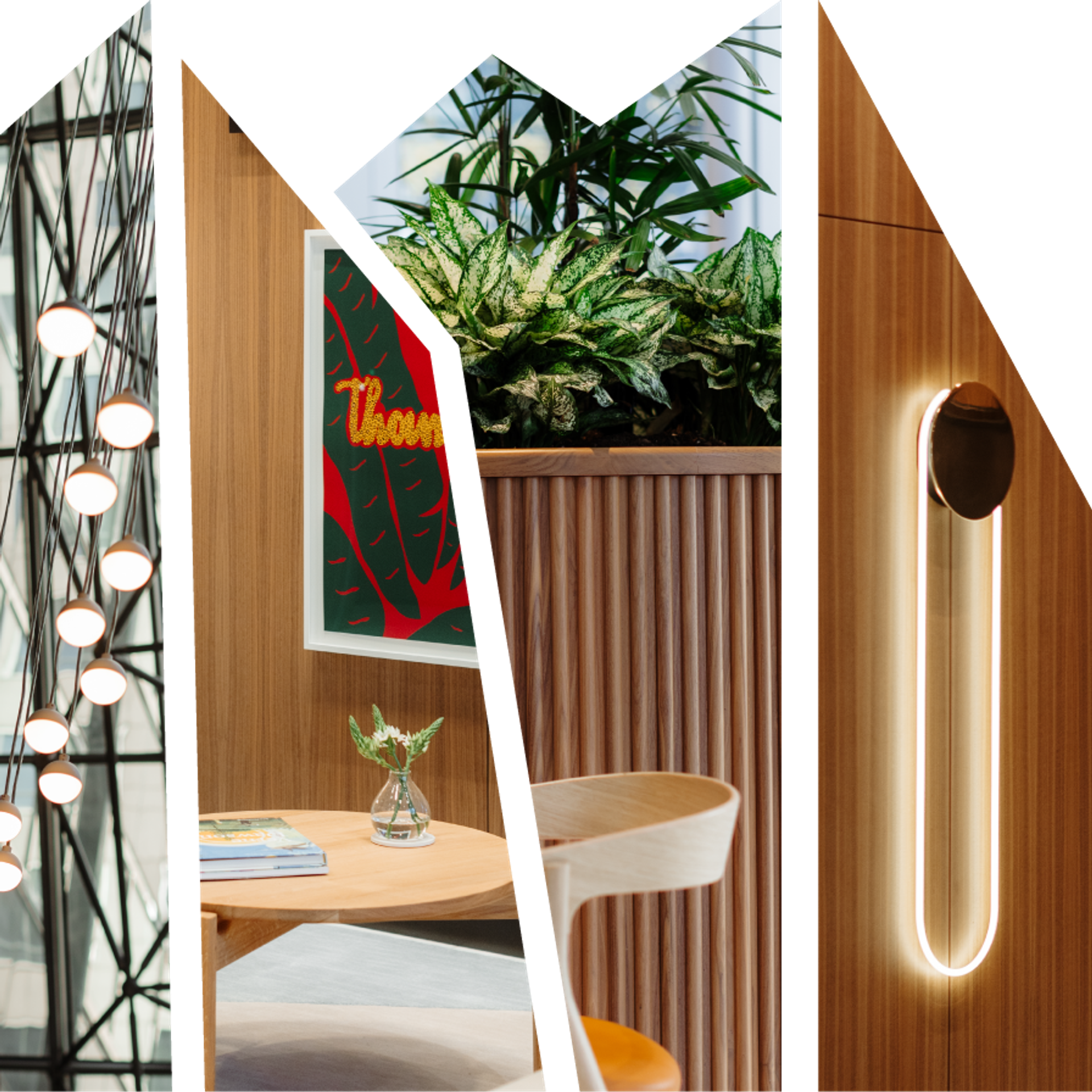 Collage of modern interior design details at 525 West Monroe, featuring a hanging light fixture, framed artwork, indoor plants in a wooden planter, and a sleek wall light with a vertical glow.