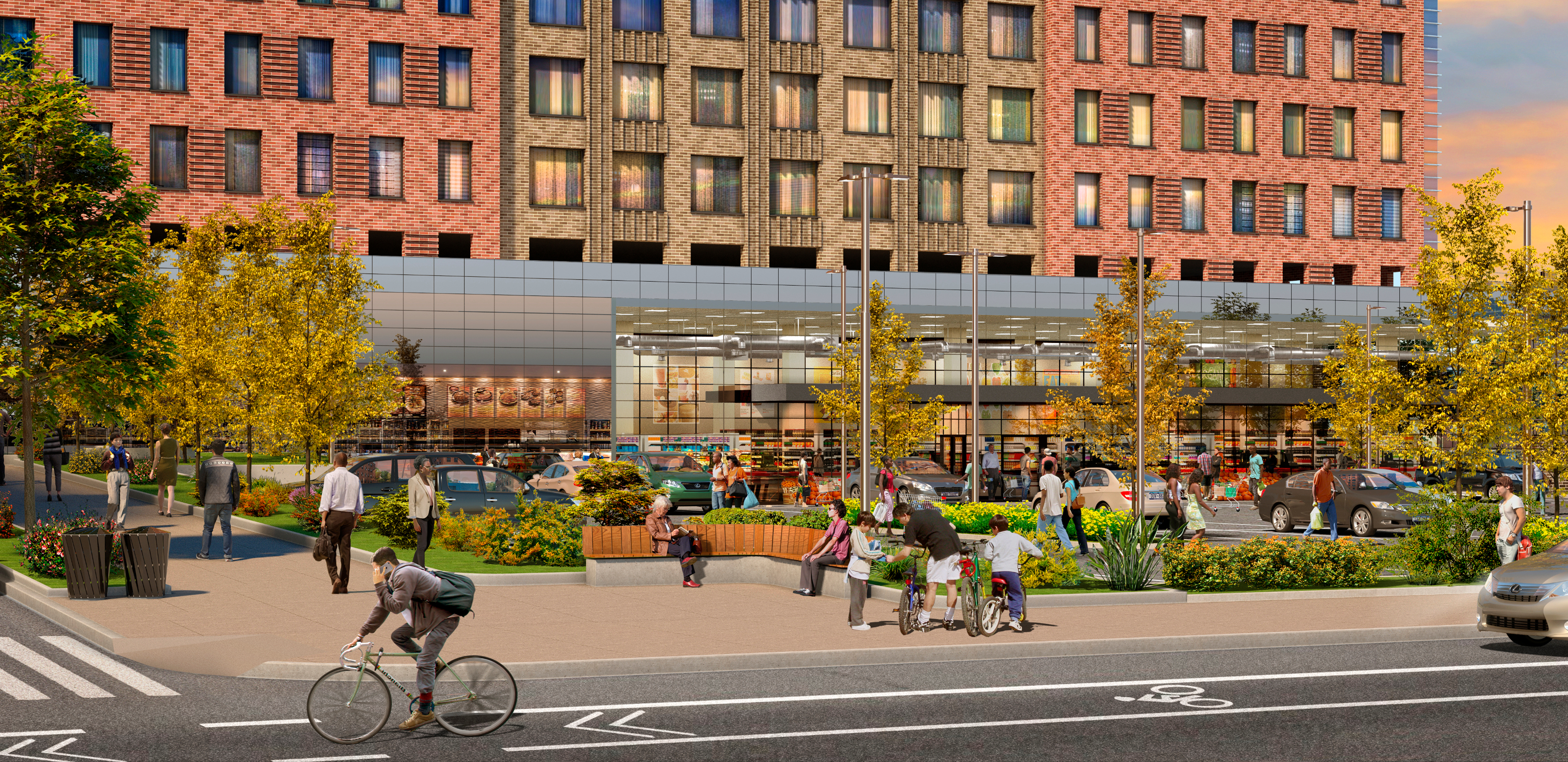 A street-level rendering of Edgemere Commons by Aufgang Architects, showcasing a brick-clad residential building with ground-floor retail. In the foreground is a landscaped plaza featuring seating, planters, trees, and people walking, cycling, and engaging in daily life.
