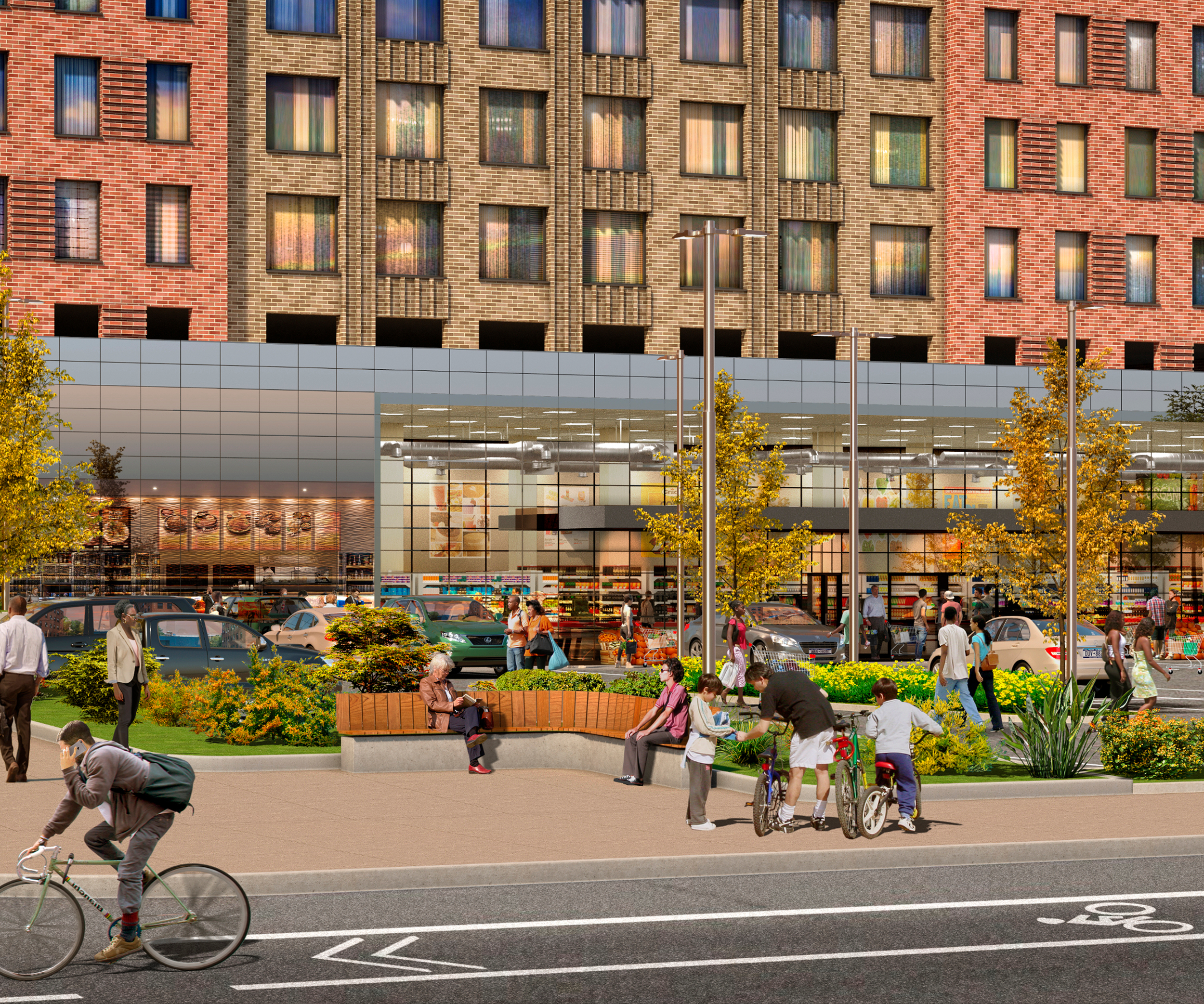 A street-level rendering of Edgemere Commons by Aufgang Architects, showcasing a brick-clad residential building with ground-floor retail. In the foreground is a landscaped plaza featuring seating, planters, trees, and people walking, cycling, and engaging in daily life.