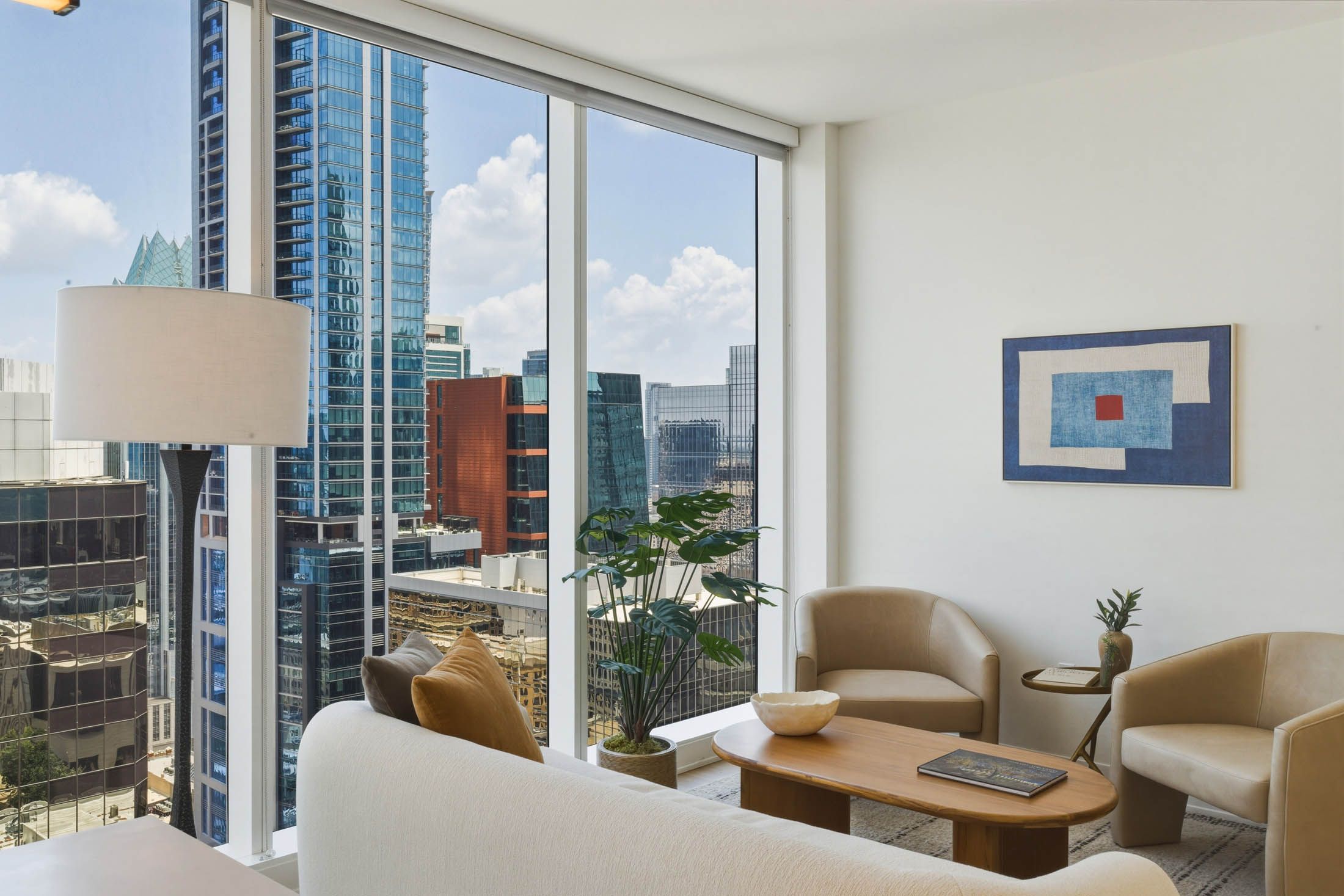 Open living room and kitchen with a view