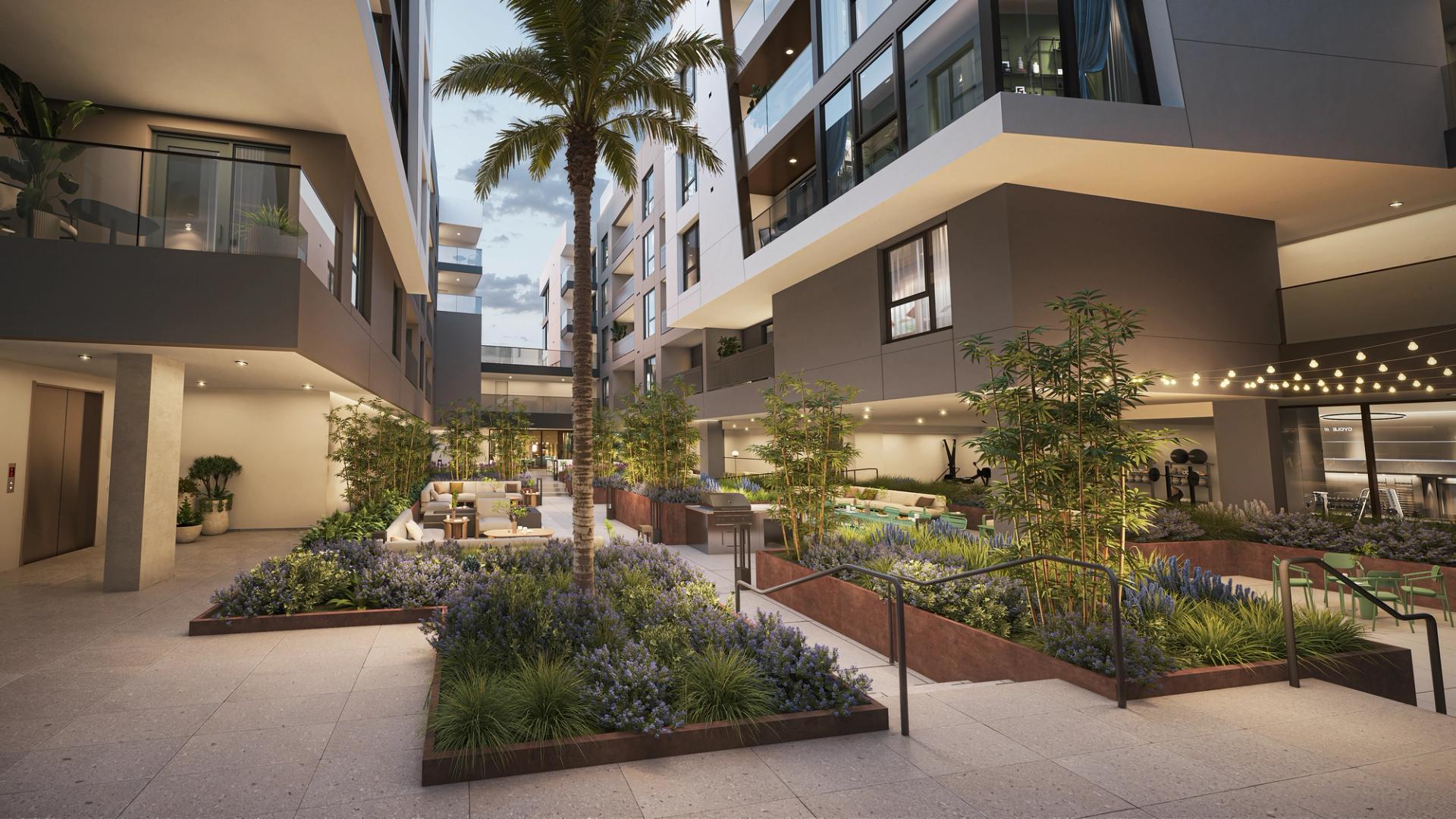 1650 Lincoln | Open air courtyards where layered planting and comfortable seating shape a calm retreat