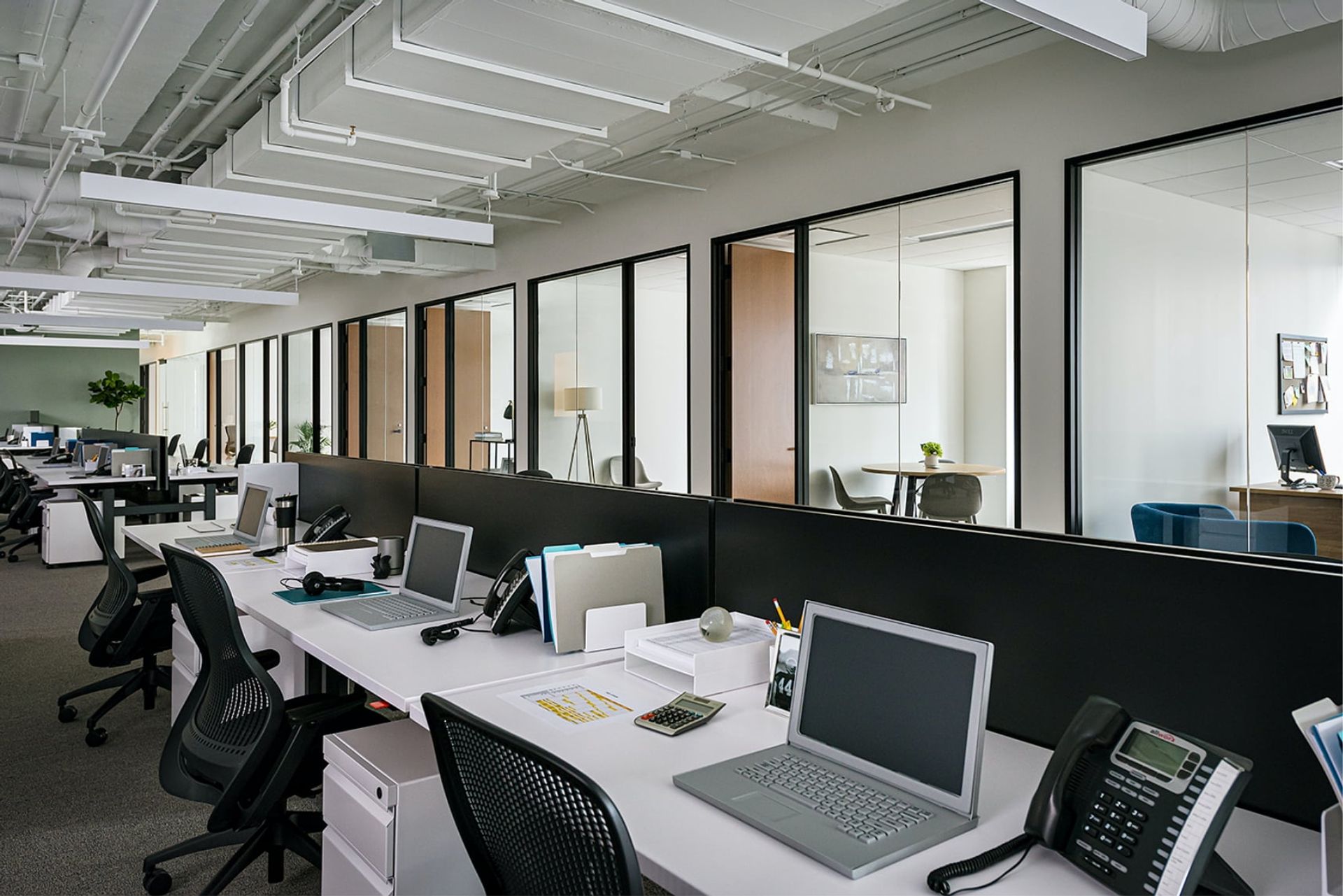 An office with a white desk, black chairs, and a gray carpet, featuring a white laptop, black phone, and a white mug, is illuminated by a white ceiling light and a blue lamp.