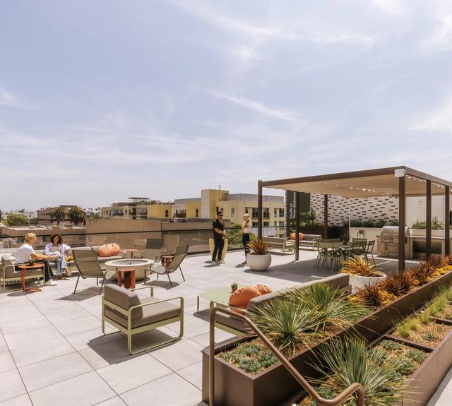 A rooftop retreat with comfortable gathering spaces and sweeping ocean views, designed for relaxing, connecting, and taking in the California coastline