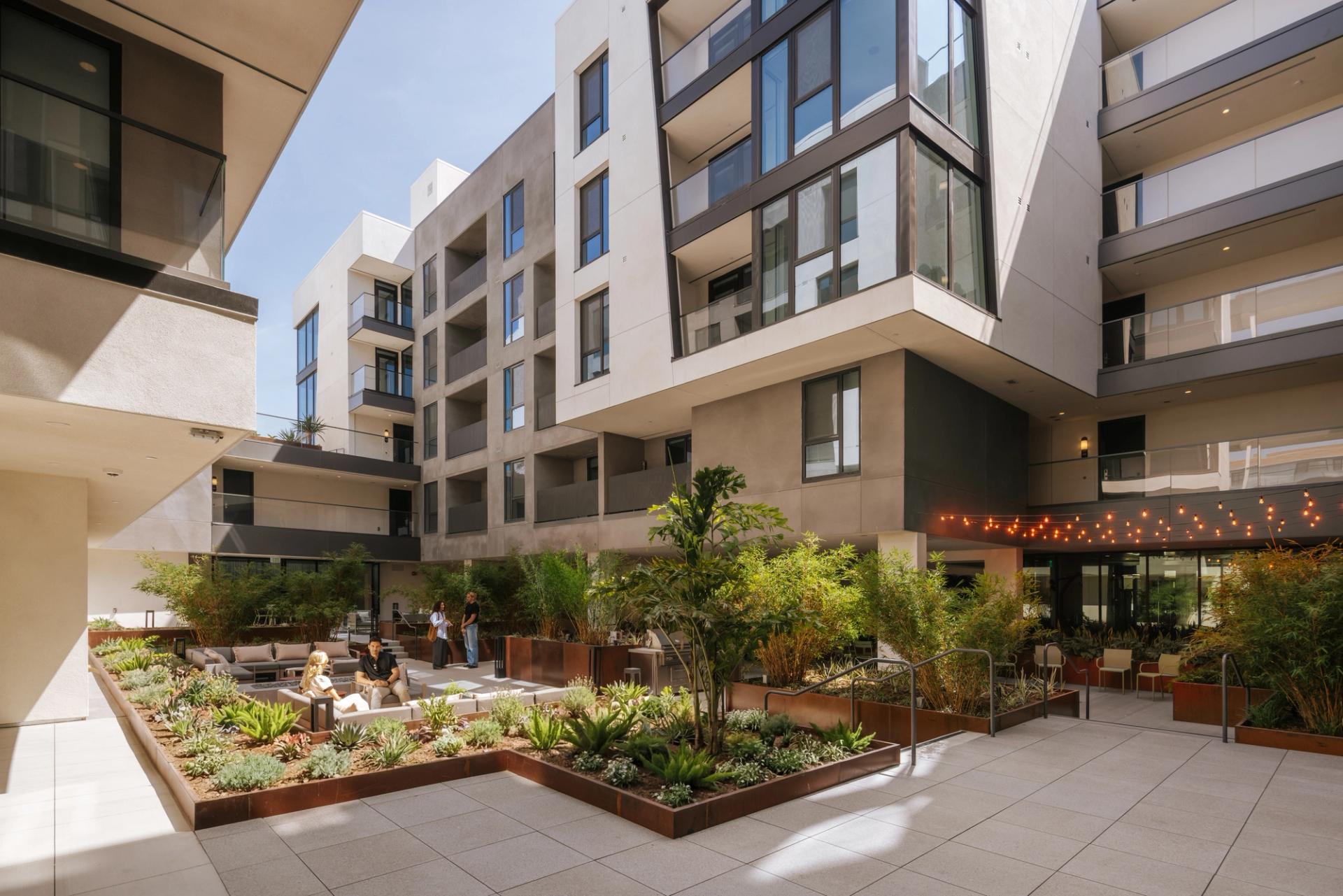 1650 Lincoln | Open air courtyards where layered planting and comfortable seating shape a calm retreat