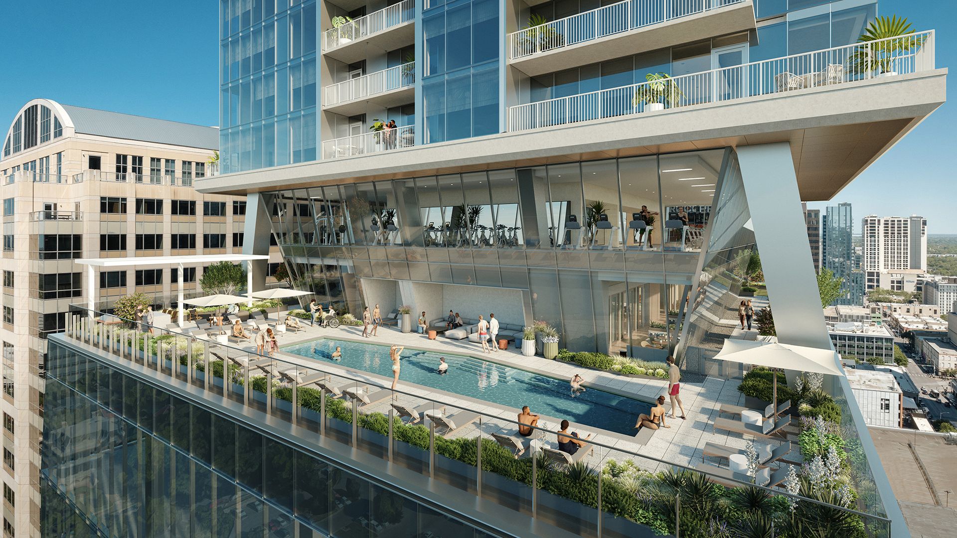 Exterior rendering of ATX Tower showing a pool