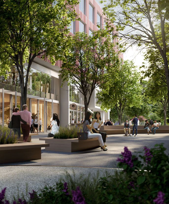 Brannan Square in SoMa, featuring a central one-acre park designed to support workplace wellness