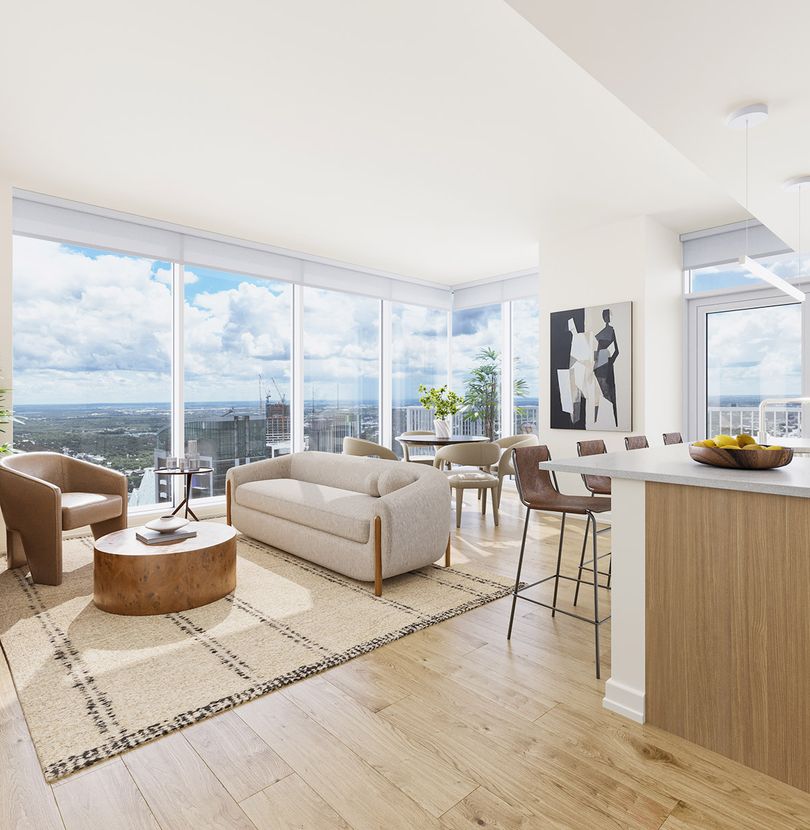 Open living room and kitchen with a view