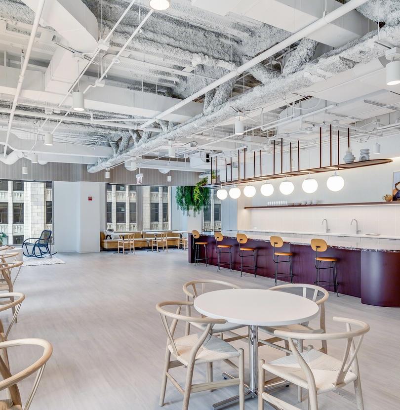 Bright and modern open office lounge space with round tables, wooden chairs, bar stools, and hanging plants