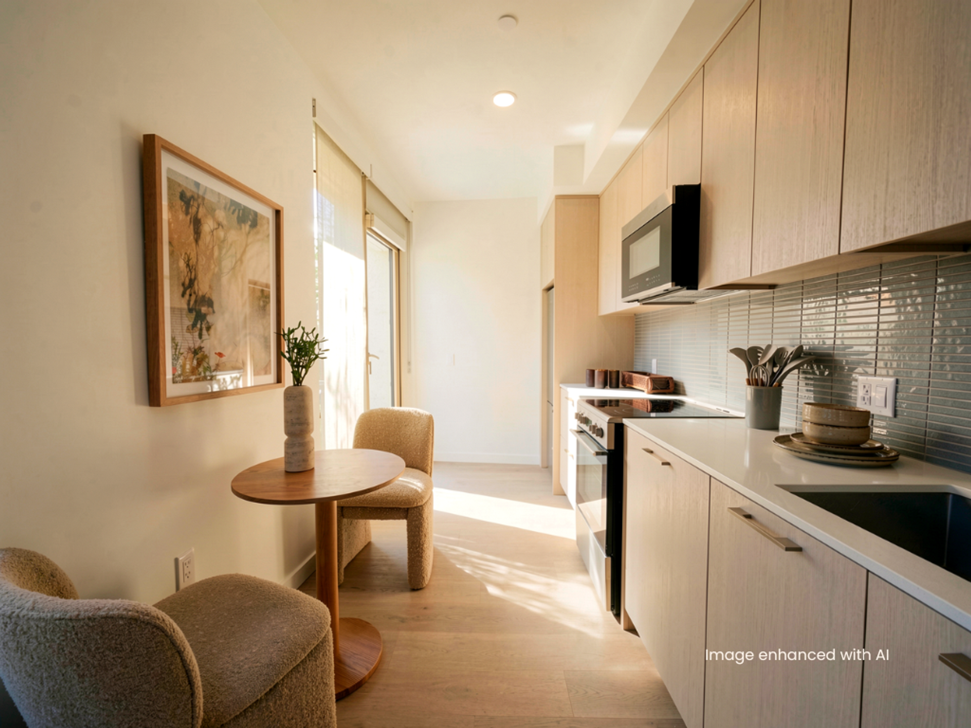 Kitchens with white oak cabinetry, mosaic tile backsplash, and stainless appliances