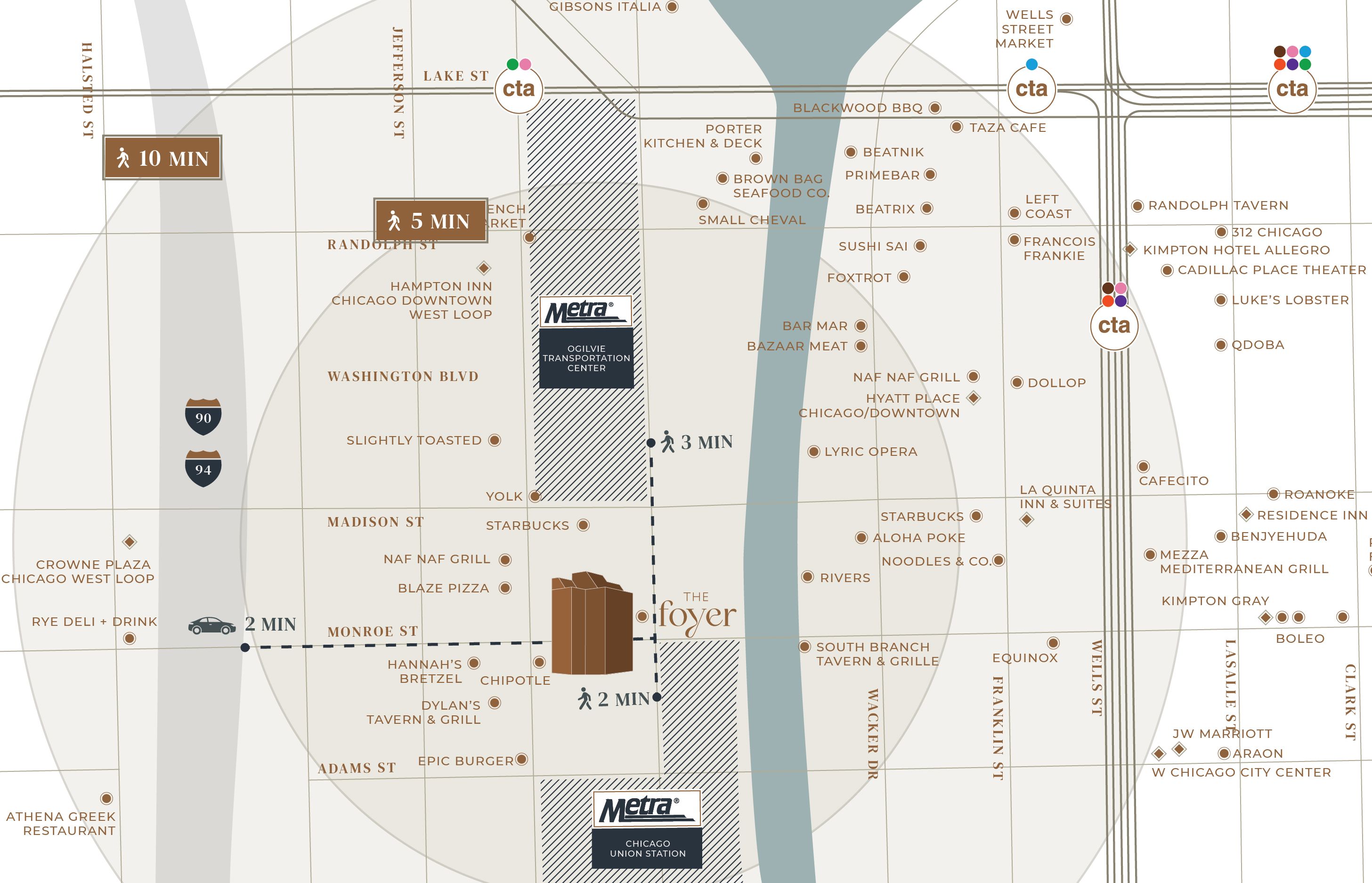 Neighborhood POV map of 525 West Monroe showing nearby restaurants, cafés, hotels, and transit options including CTA stations, Ogilvie Transportation Center, and Union Station, with walking times marked.