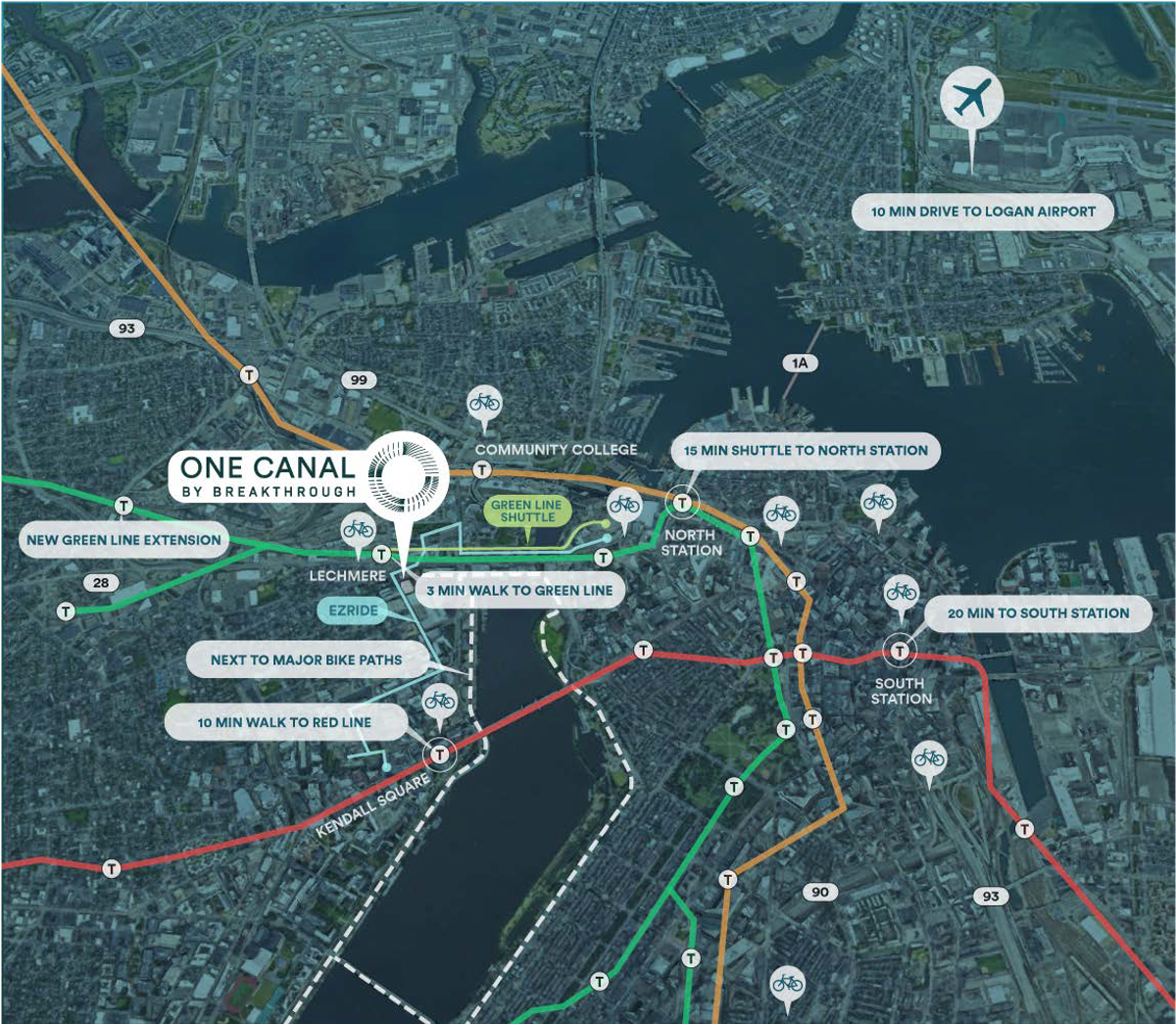 Map showing transit routes and proximity details around One Canal by Breakthrough, highlighting walking and shuttle times to nearby stations and Logan Airport.