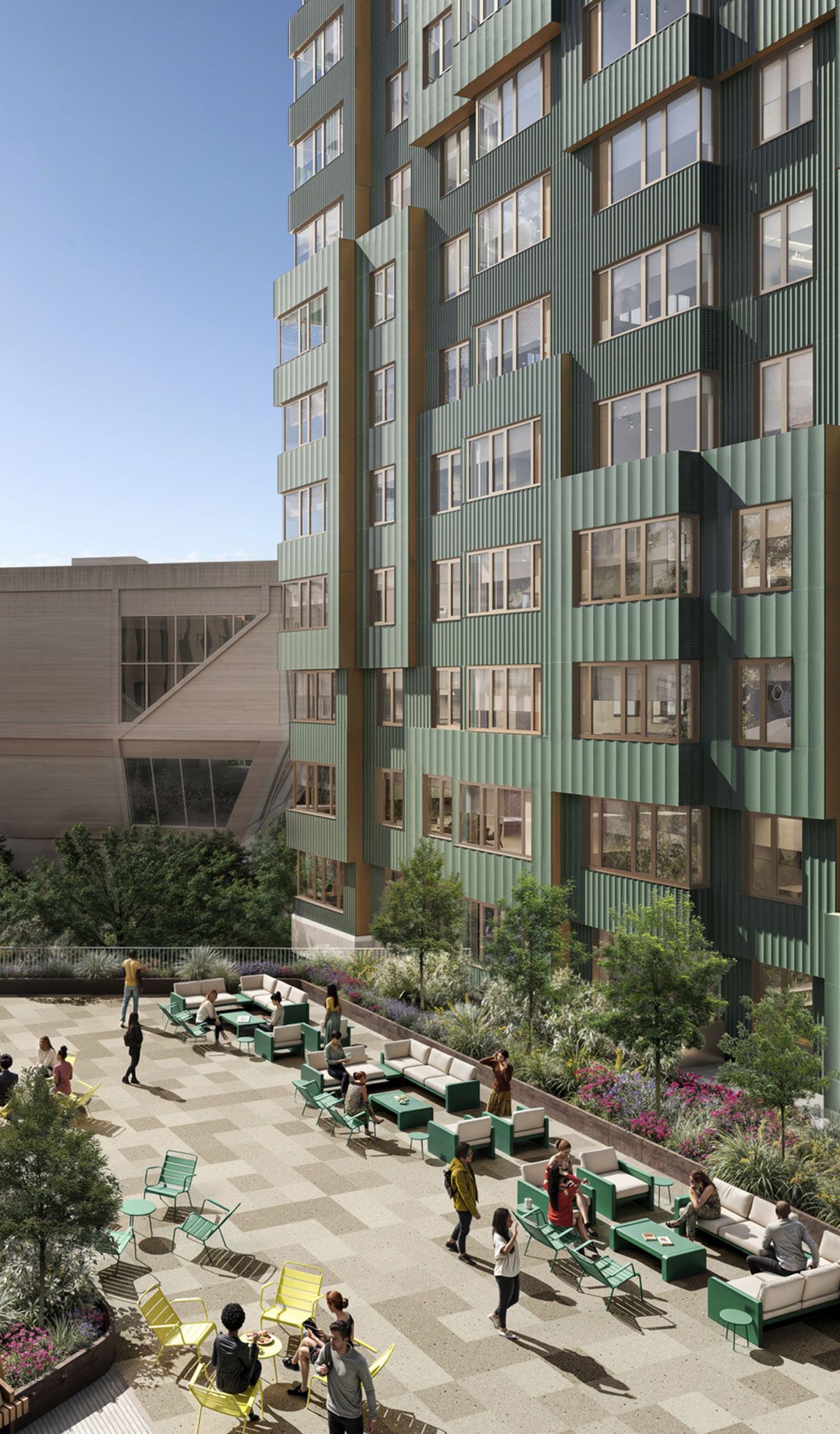 The exterior of Verra Apartments in Boston, MA, featuring a modern facade, outdoor lounges, and large windows.