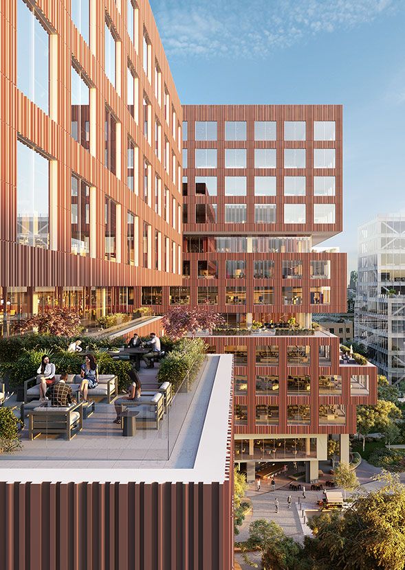 This rendering showcases the Building 1 seventh-floor terrace at Brannan Square in San Francisco, featuring a modern, multi-tiered terracotta facade.