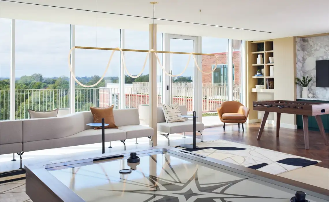 Rendering of residences enjoying the social games lounge in the Residences at Mazza
