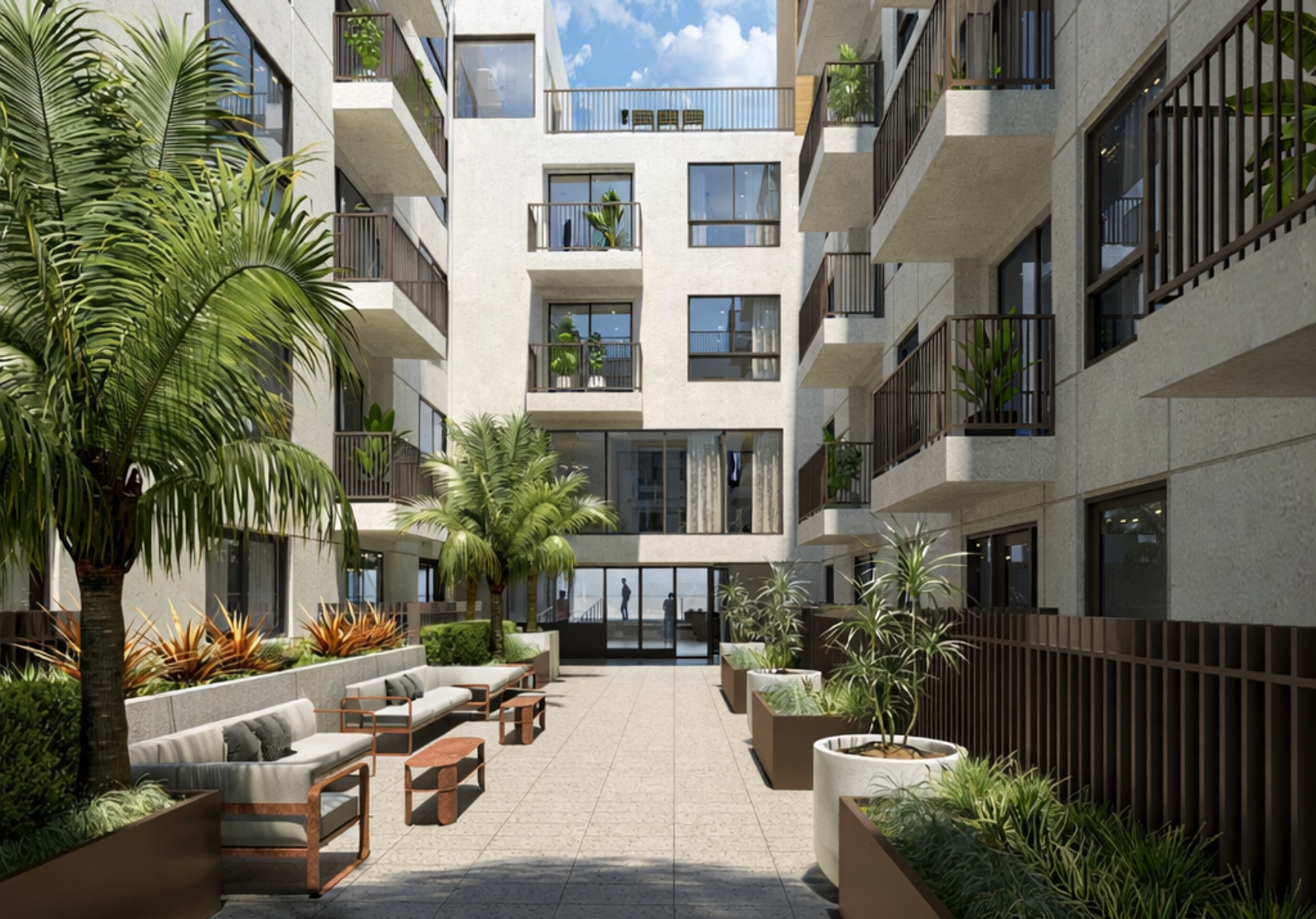 1430 Lincoln | Open air courtyards with rich plantings and seating shaped for gathering and easy relaxation