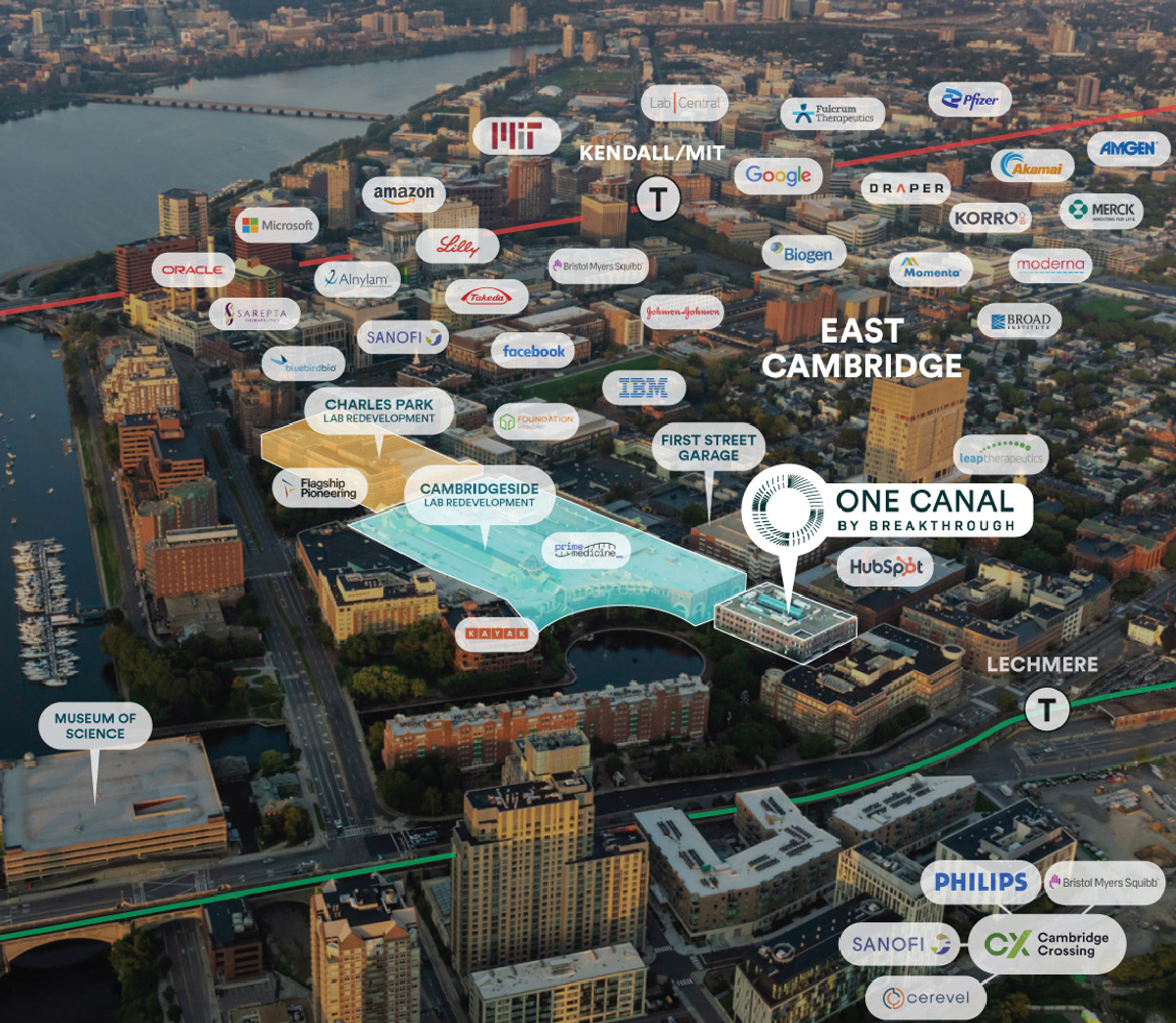 Aerial view of East Cambridge labeled with various company logos and key locations including One Canal by Breakthrough, Kendall/MIT, Museum of Science, and Lechmere.
