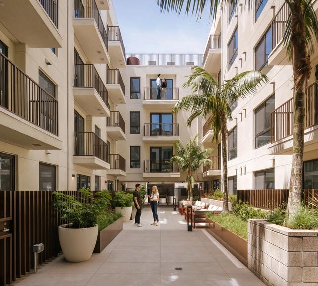 An open air courtyard with rich plantings and seating shaped for gathering and easy relaxation