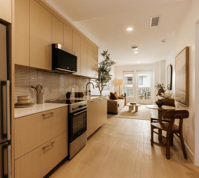 Kitchens with white oak cabinetry, mosaic tile backsplash, and stainless appliances