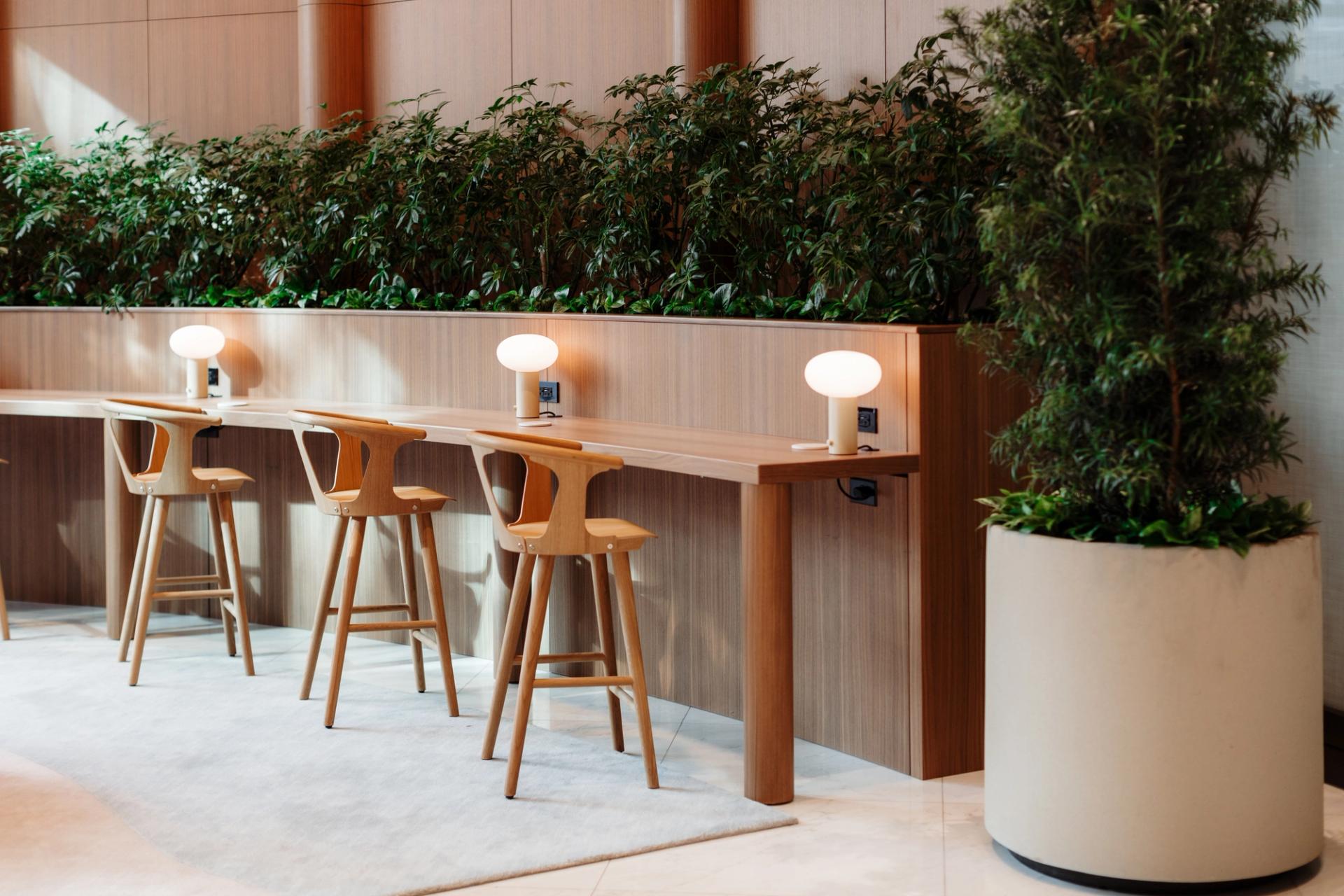 Public workspace at 525 West Monroe with high wooden tables, modern chairs, small table lamps, and greenery in built-in planters and large pots.