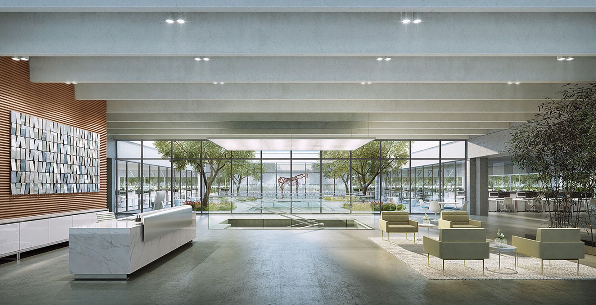 rendering of the interior lobby of The Executive Building at the Greenwich American Center. 