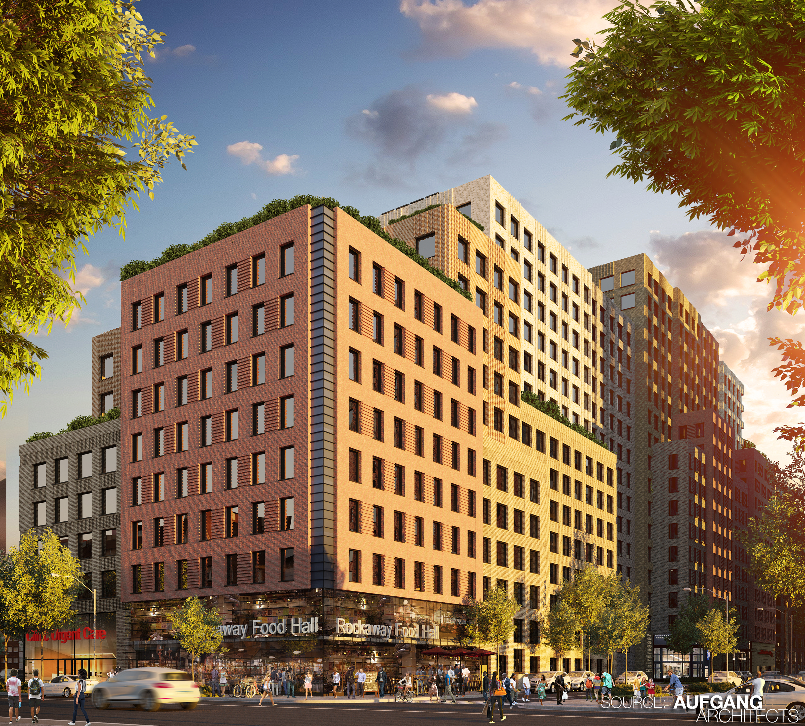 Rendering of Edgemere Commons by Aufgang Architects, showing mid-rise residential buildings with landscaped courtyards and water views.