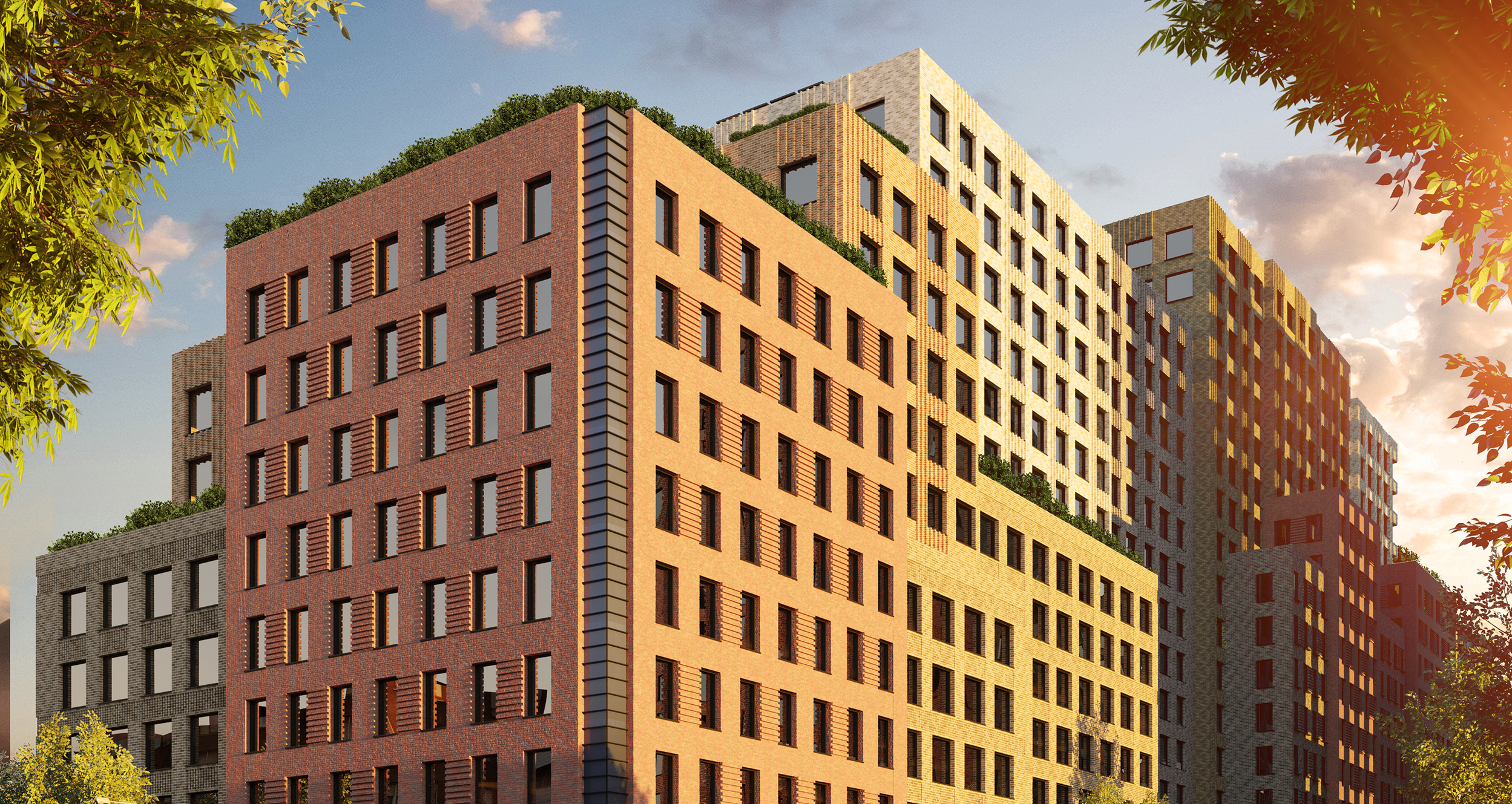 Rendering of Edgemere Commons by Aufgang Architects, showing mid-rise residential buildings with landscaped courtyards and water views.