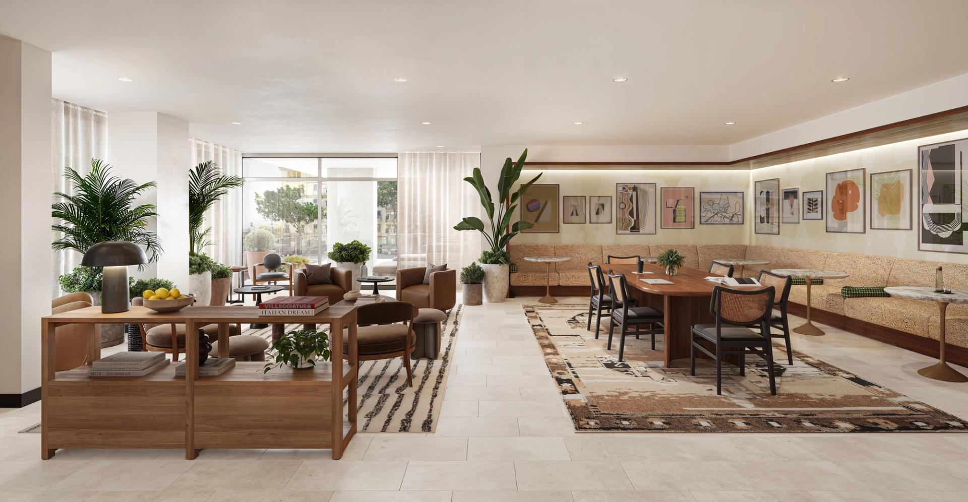 Lobby coworking lounge with ample seating and private workspaces