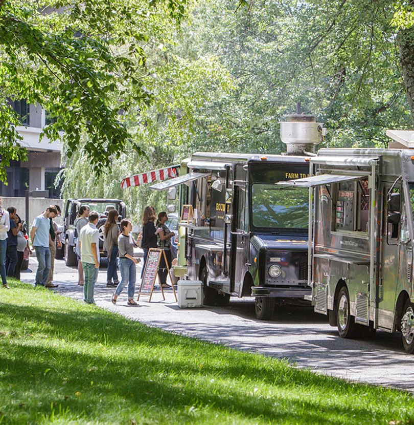 A bustling park scene features a line of food trucks parked on a sidewalk, surrounded by lush greenery and people enjoying their meals.